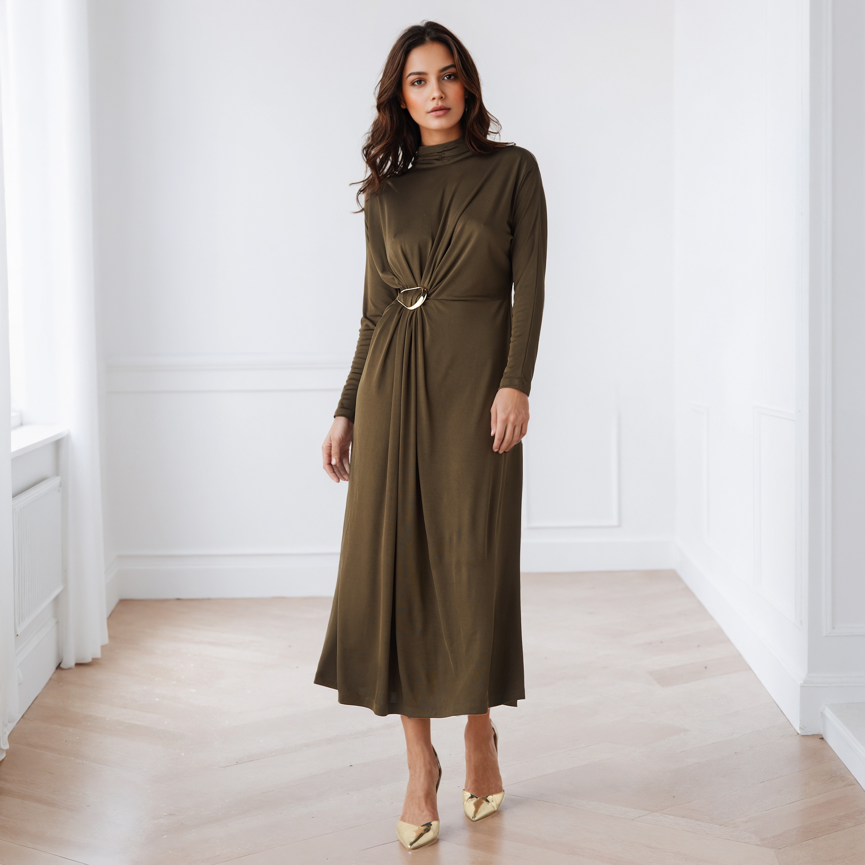 Iconic Textured Midi Dress with High Neck-women-clothing-dresses-image-2
