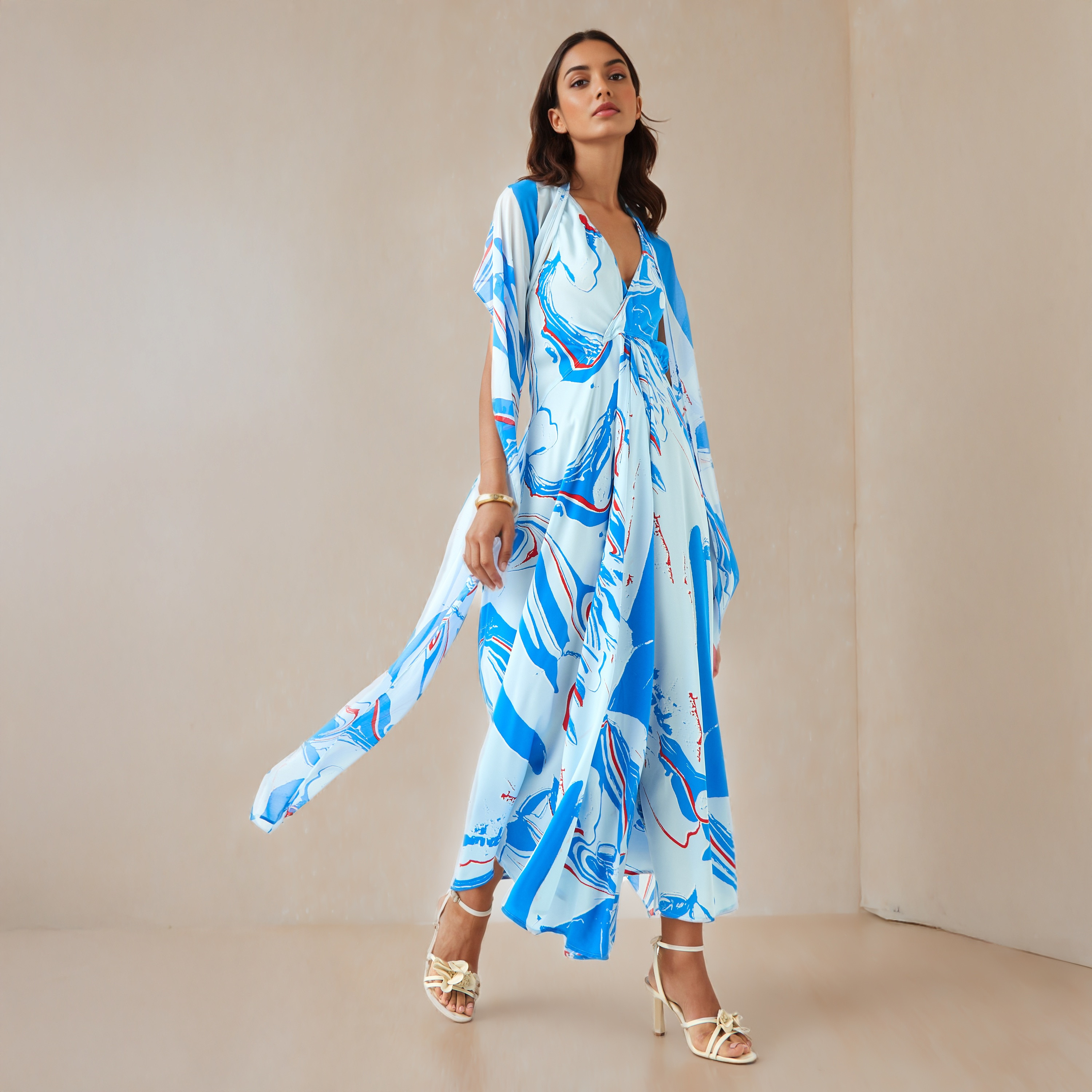 Iconic Abstract Print V-neck Sleeveless Dress with Scarf-women-clothing-dresses-image-2