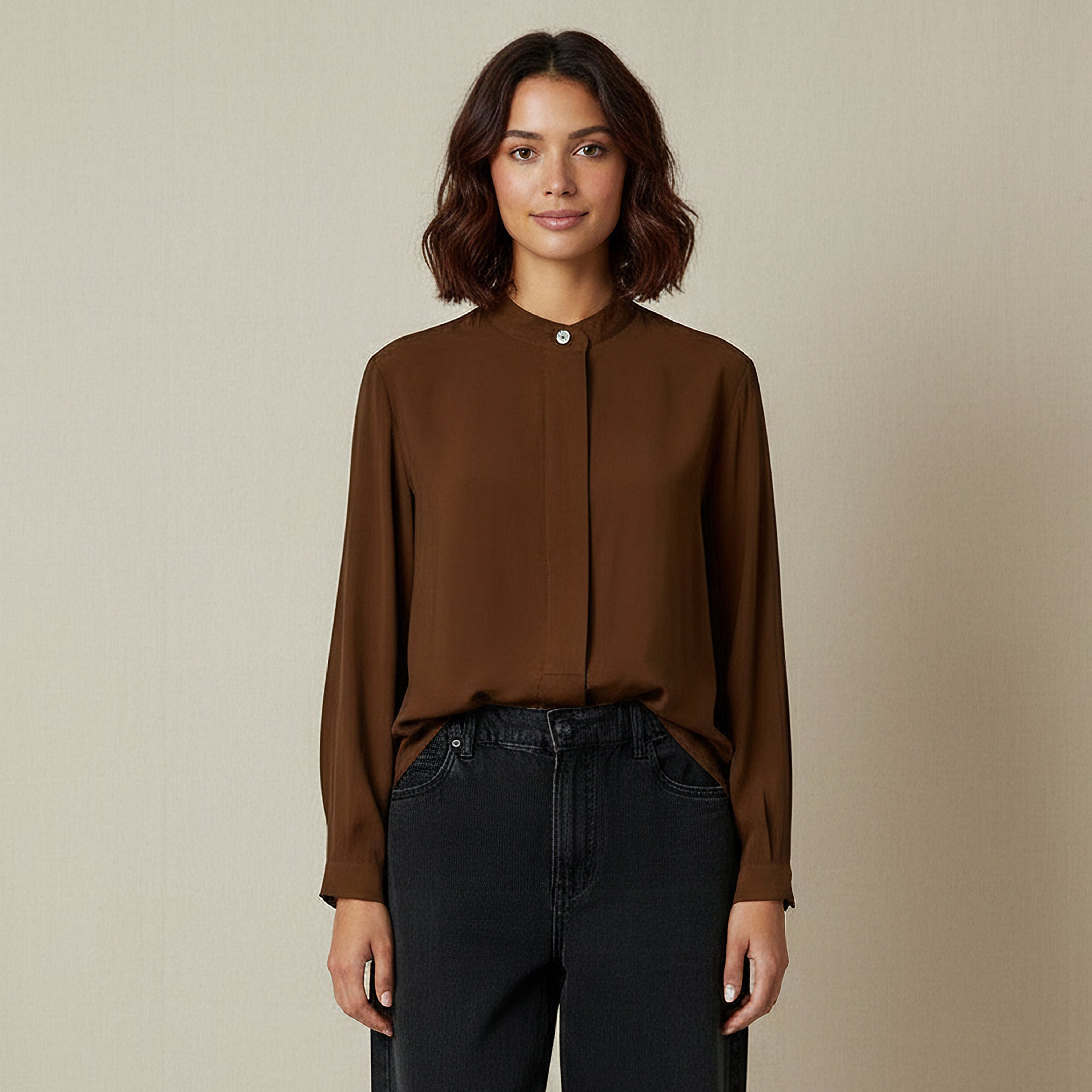 Iconic Regular Fit Cupro Top with Mandarin Collar-women-clothing-shirtsandblouses-shirts-image-1