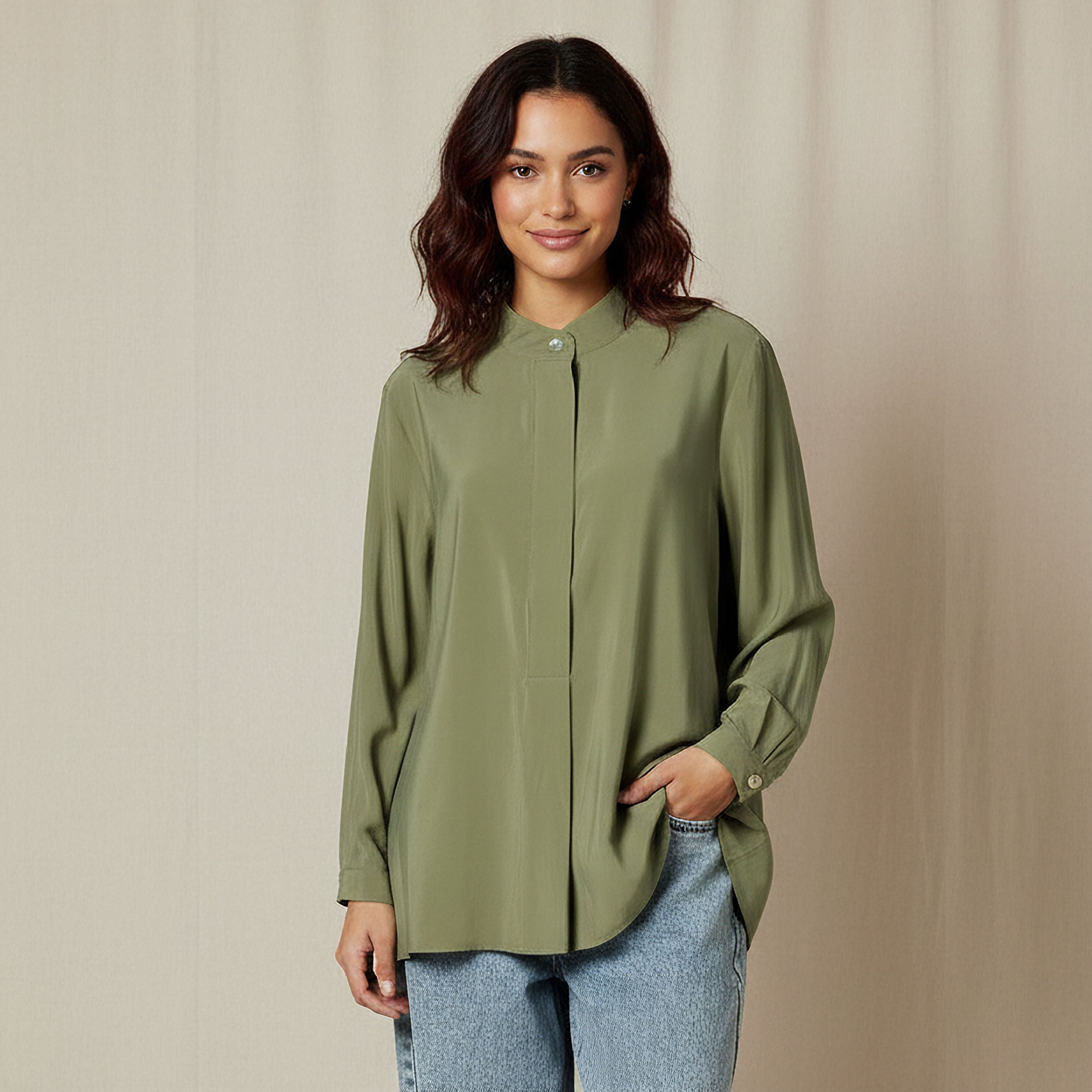 Iconic Regular Fit Cupro Top with Mandarin Collar-women-clothing-shirtsandblouses-shirts-image-1