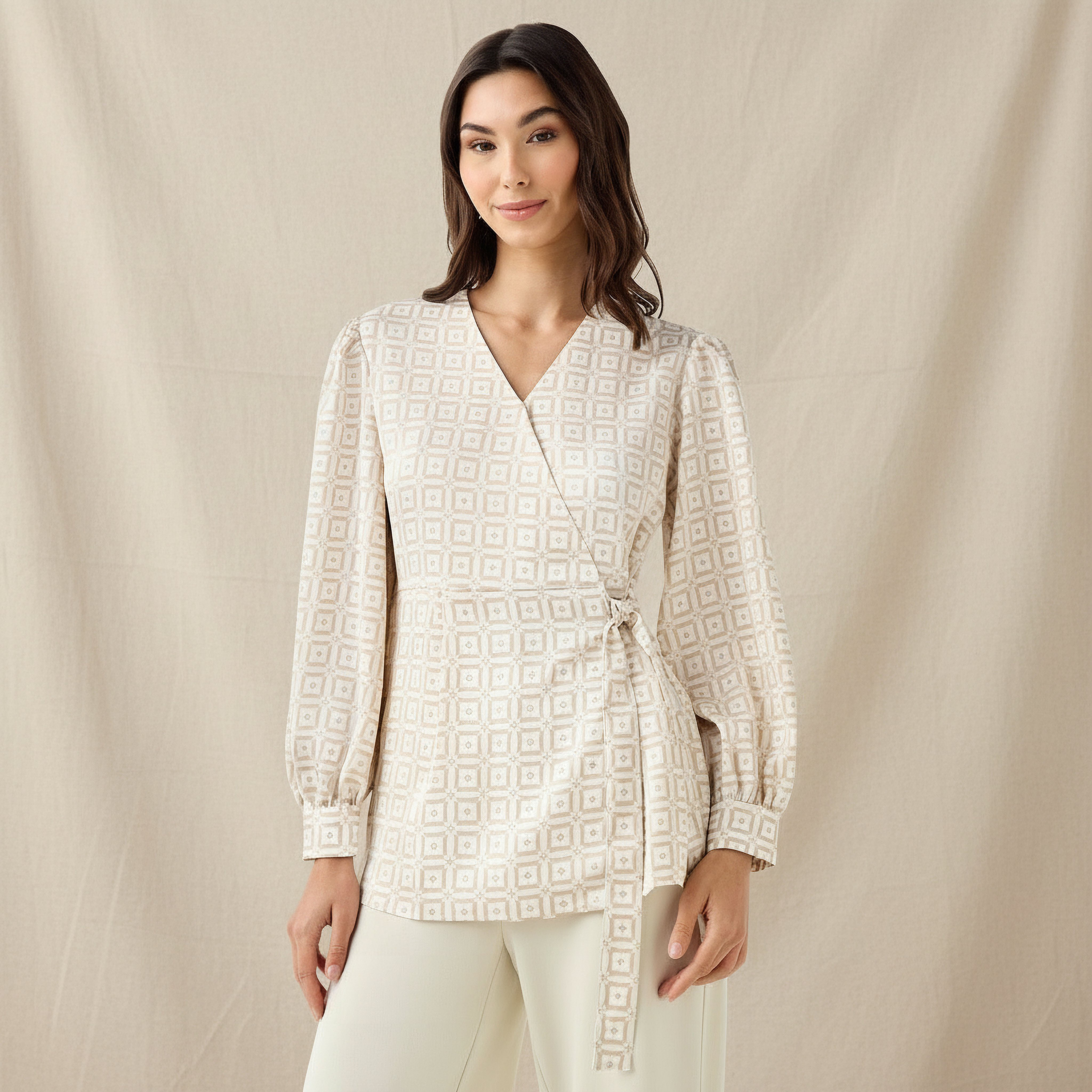 Iconic Regular Fit Wrap Top with Geometric Print-women-clothing-shirtsandblouses-blouses-image-1
