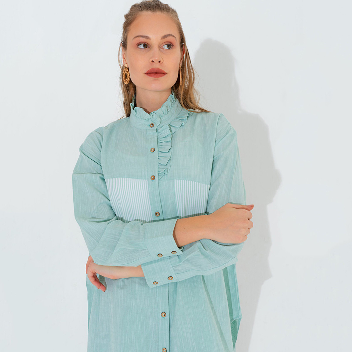 Anotah Solid Longline Shirt with Ruffle Detail and High Neck-women-clothing-shirtsandblouses-blouses-image-1