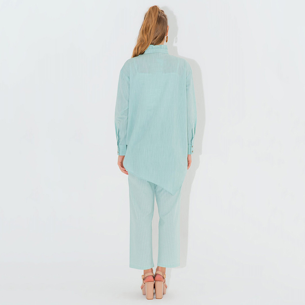 Anotah Solid Longline Shirt with Ruffle Detail and High Neck-women-clothing-shirtsandblouses-blouses-image-4