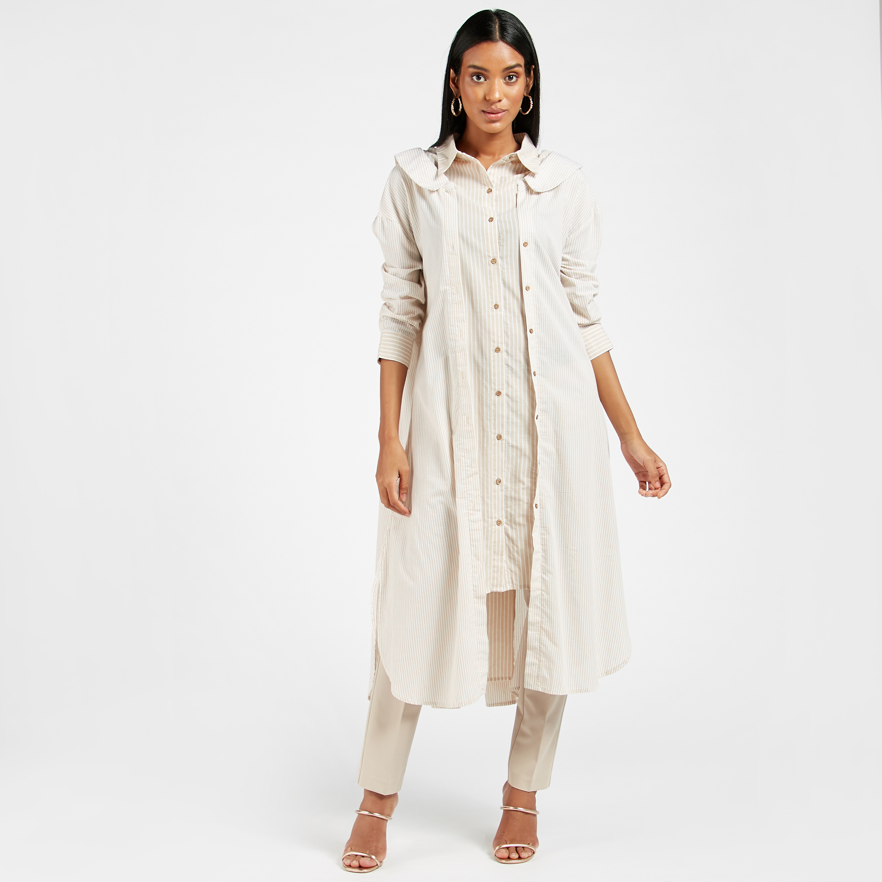 Anotah Striped Collared Longline Tunic with Long Sleeves-women-clothing-shirtsandblouses-blouses-image-1
