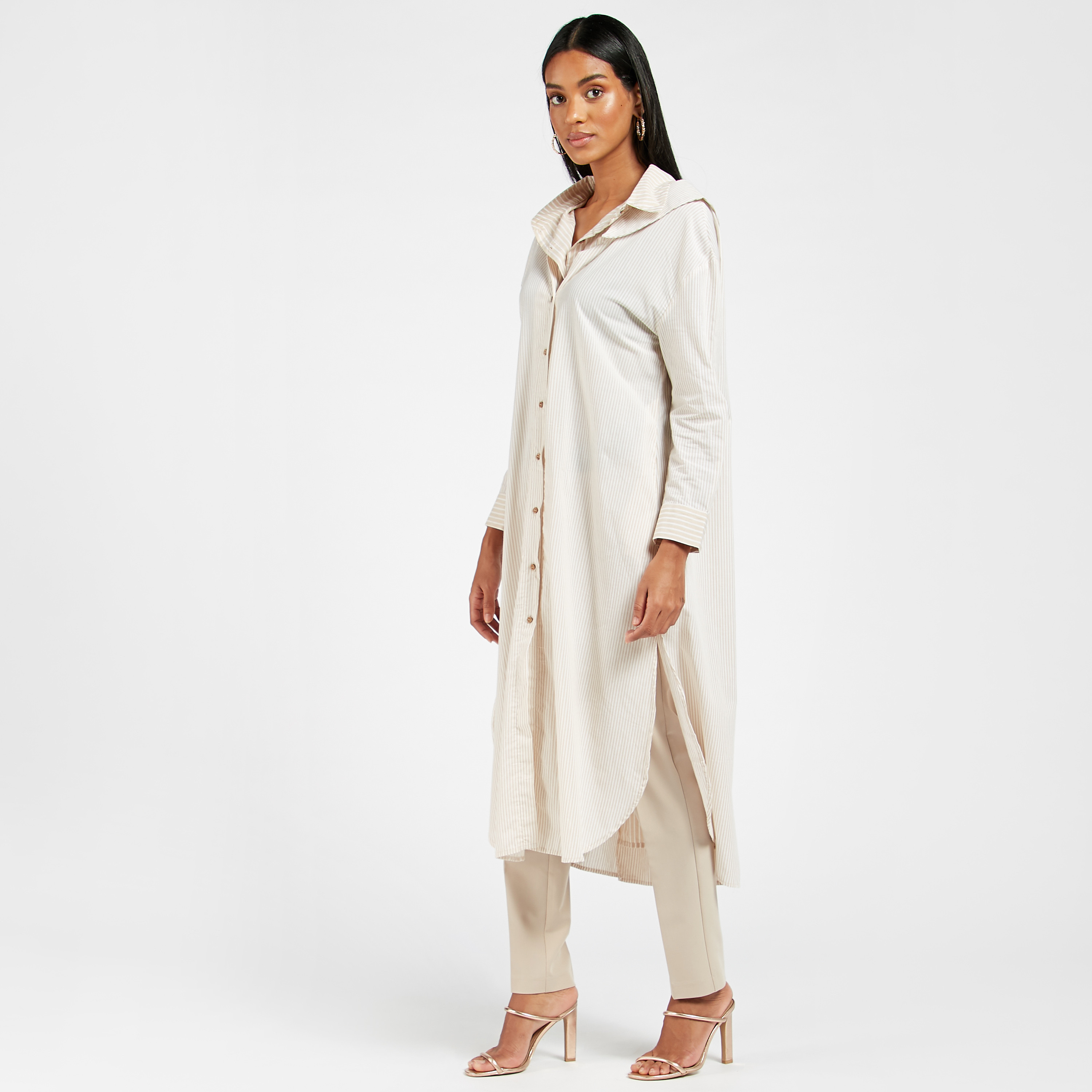 Anotah Striped Collared Longline Tunic with Long Sleeves-women-clothing-shirtsandblouses-blouses-image-2