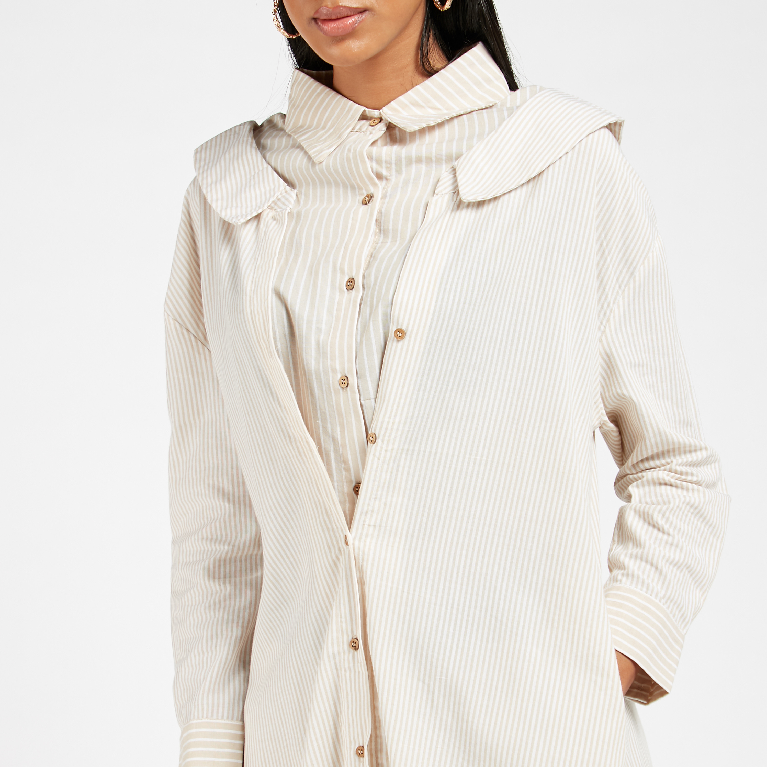 Anotah Striped Collared Longline Tunic with Long Sleeves-women-clothing-shirtsandblouses-blouses-image-3