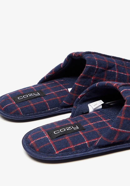 Cozy Checked Slip-On Bedroom Slide Slippers-Men%27s Bedrooms Slippers-image-2