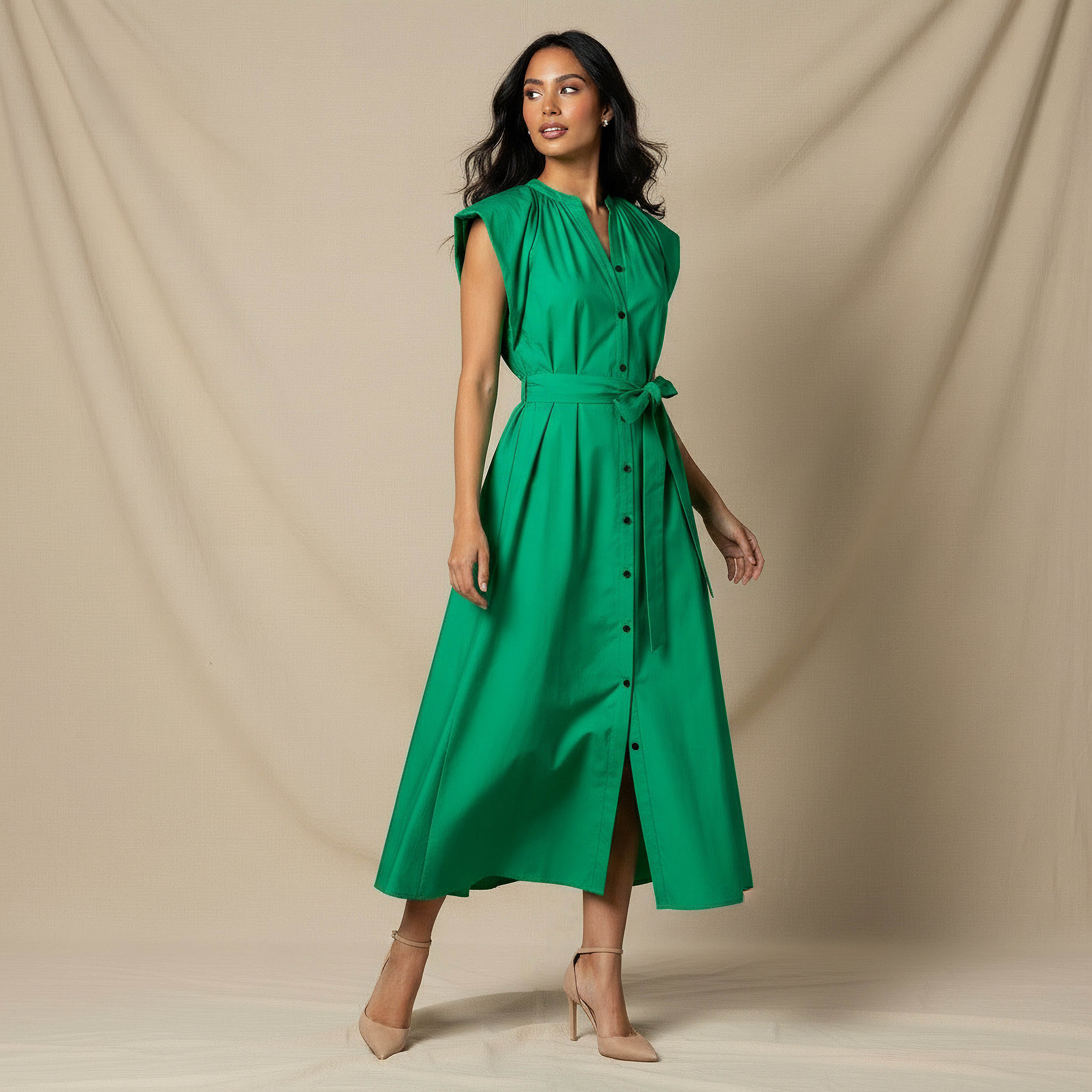 Iconic Plain A-line Women Dress with Tie-Up Belt-women-clothing-dresses-image-1