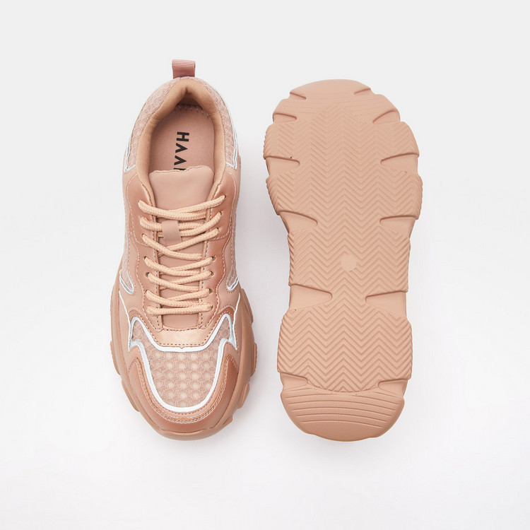 Haadana Metallic Lace-Up Chunky Sneakers with Mesh Detail