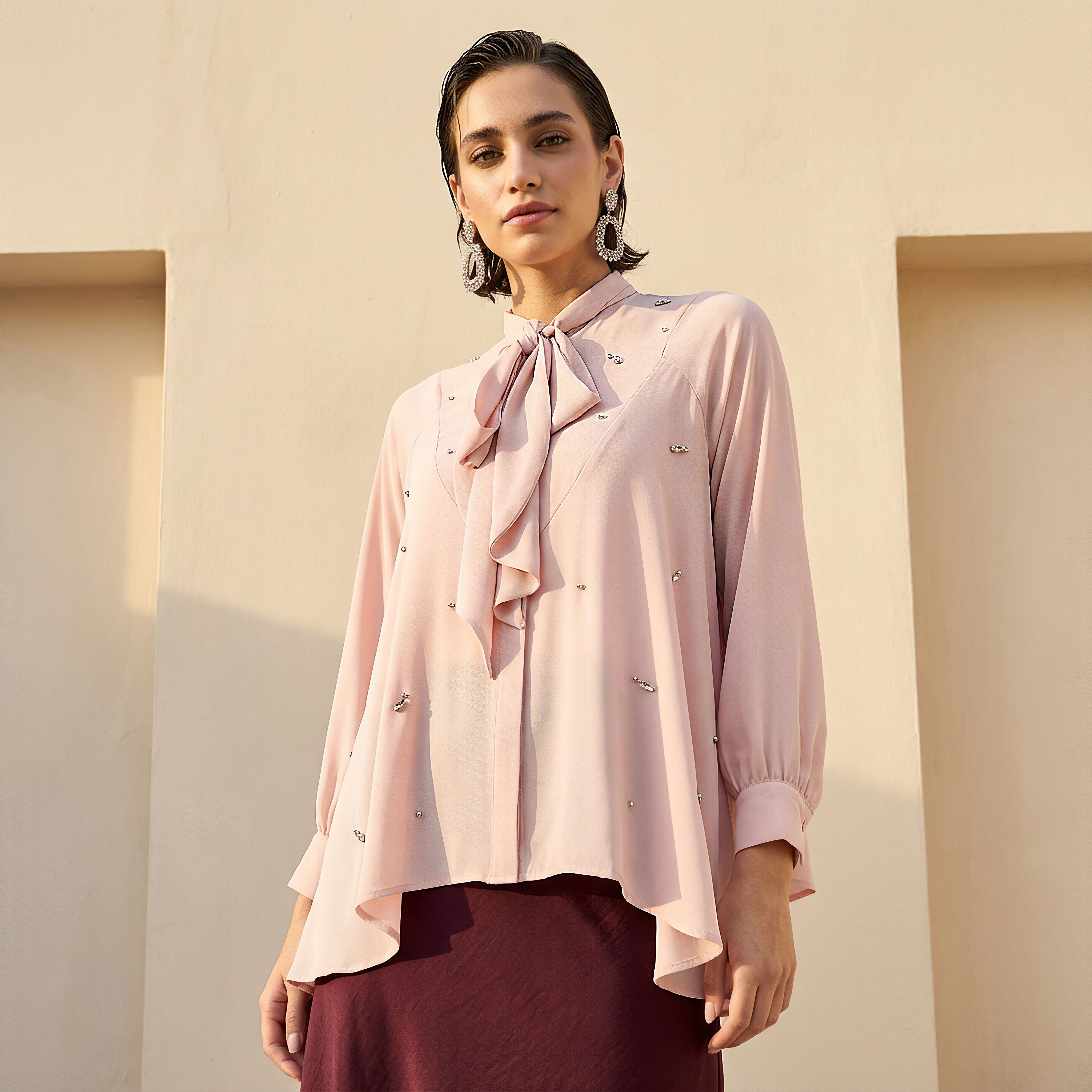 Iconic Regular Fit Pussy Bow Neck Top with Embellishment-women-clothing-shirtsandblouses-blouses-image-1