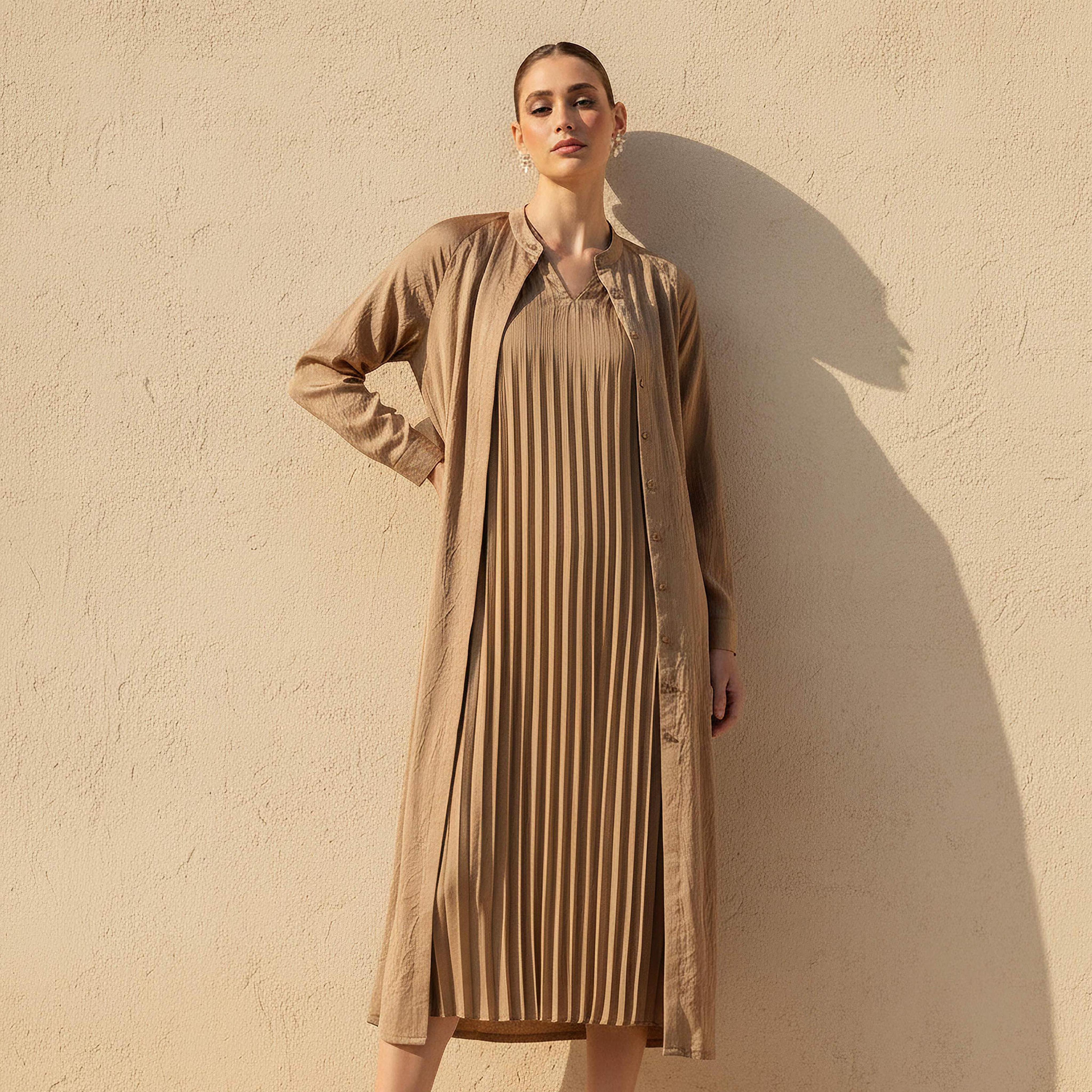 Iconic Pleated A-line Women Dress with Longline Shrug-women-clothing-dresses-image-1