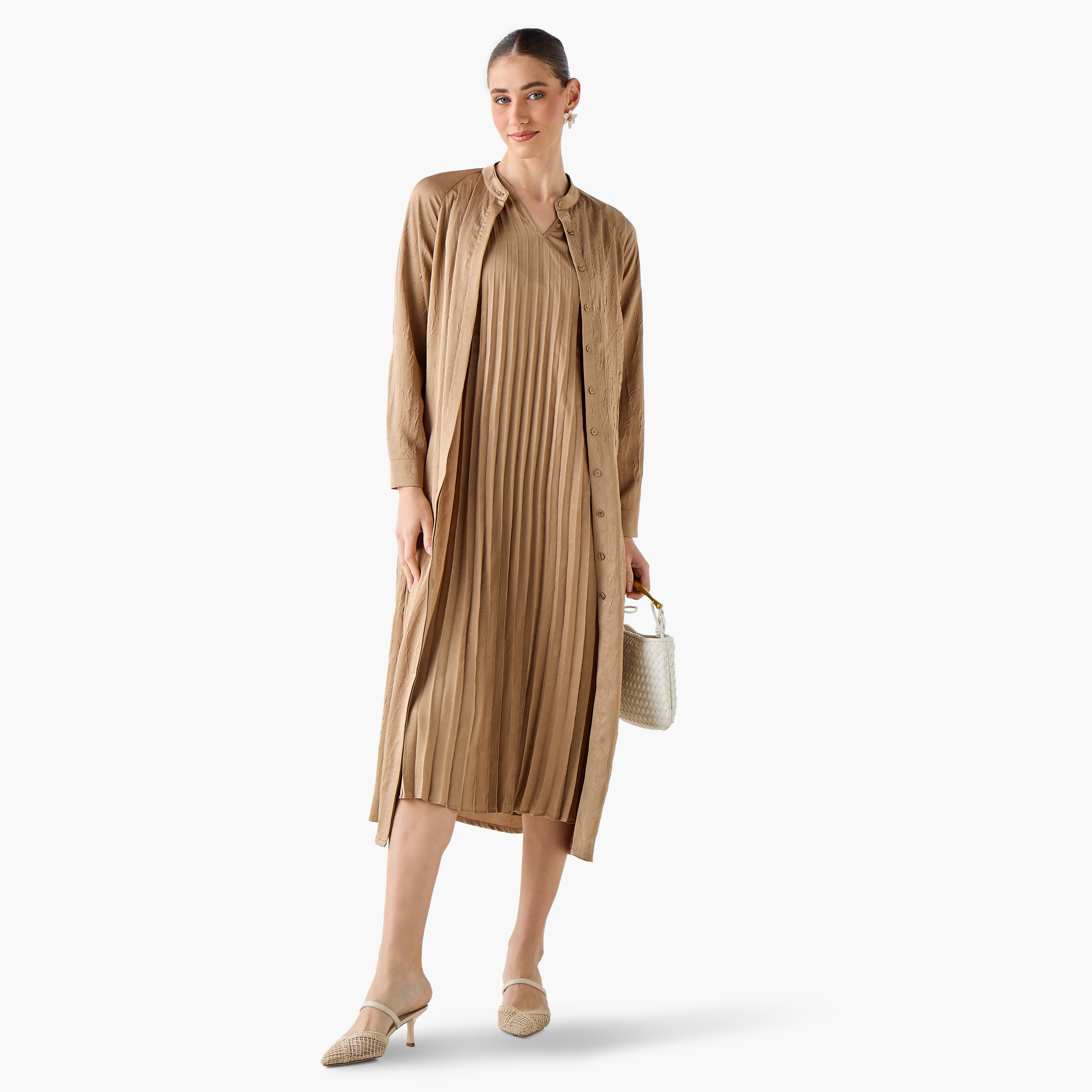 Iconic Pleated A-line Women Dress with Longline Shrug-women-clothing-dresses-image-3