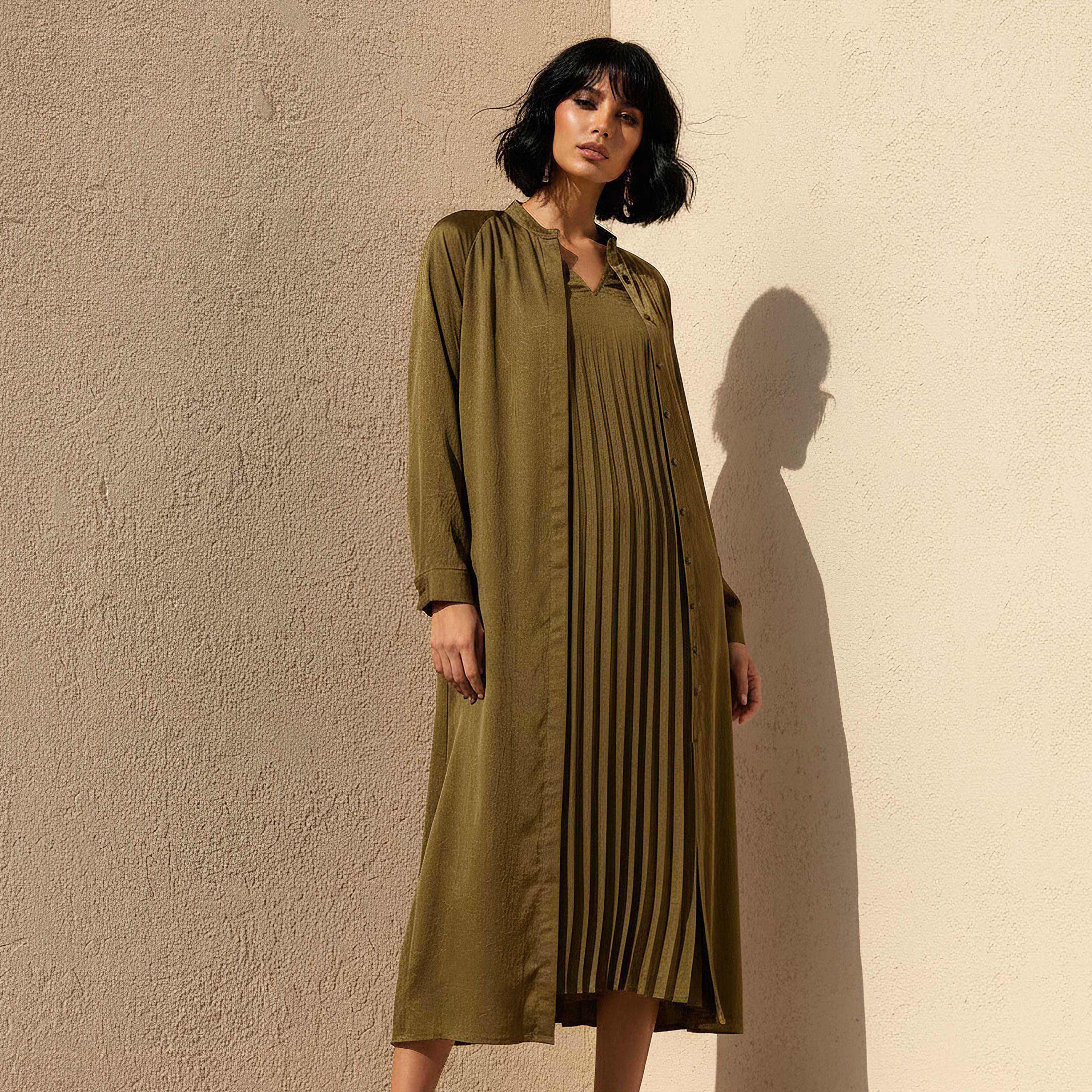 Iconic Pleated A-line Women Dress with Longline Shrug-women-clothing-dresses-image-1