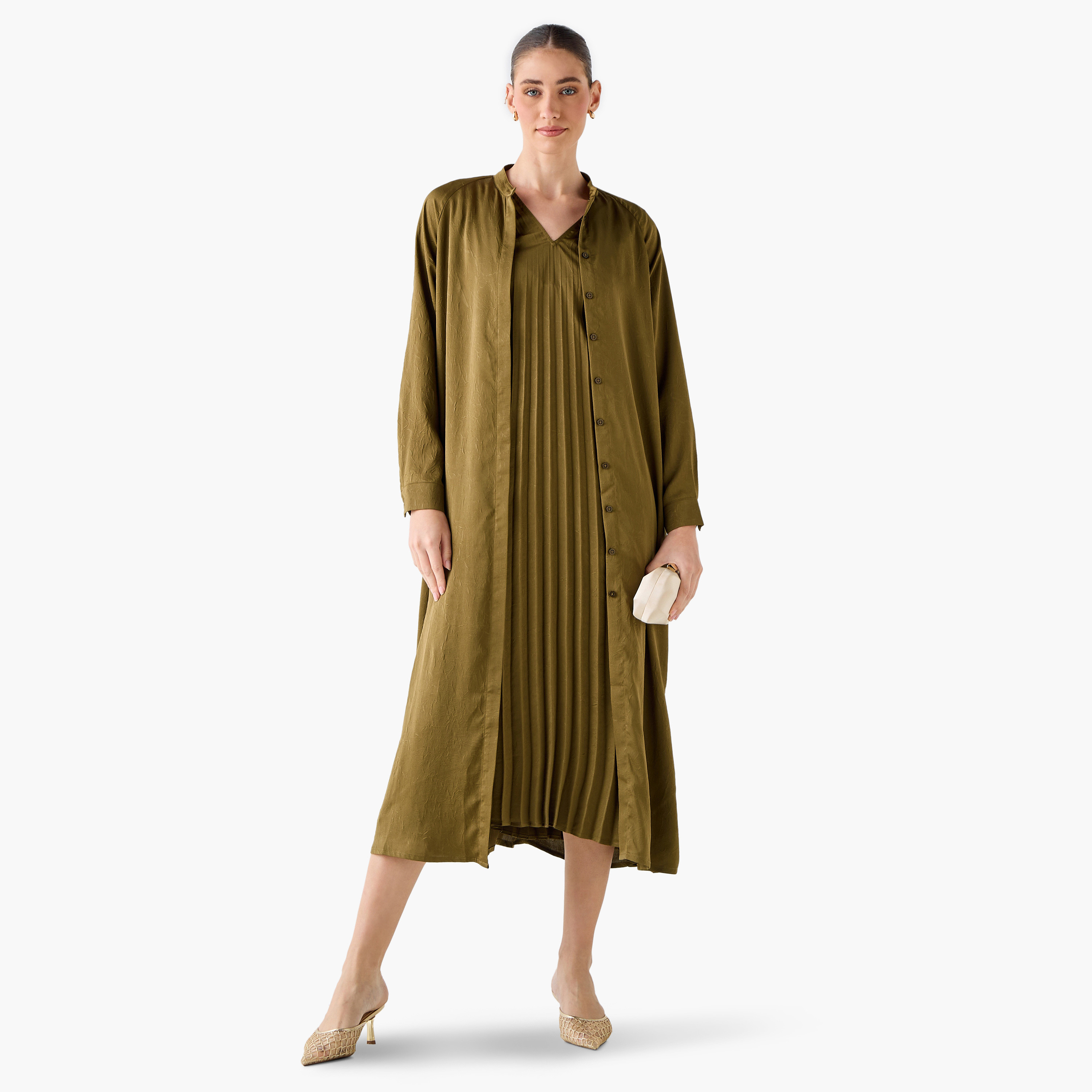 Iconic Pleated A-line Women Dress with Longline Shrug-women-clothing-dresses-image-3