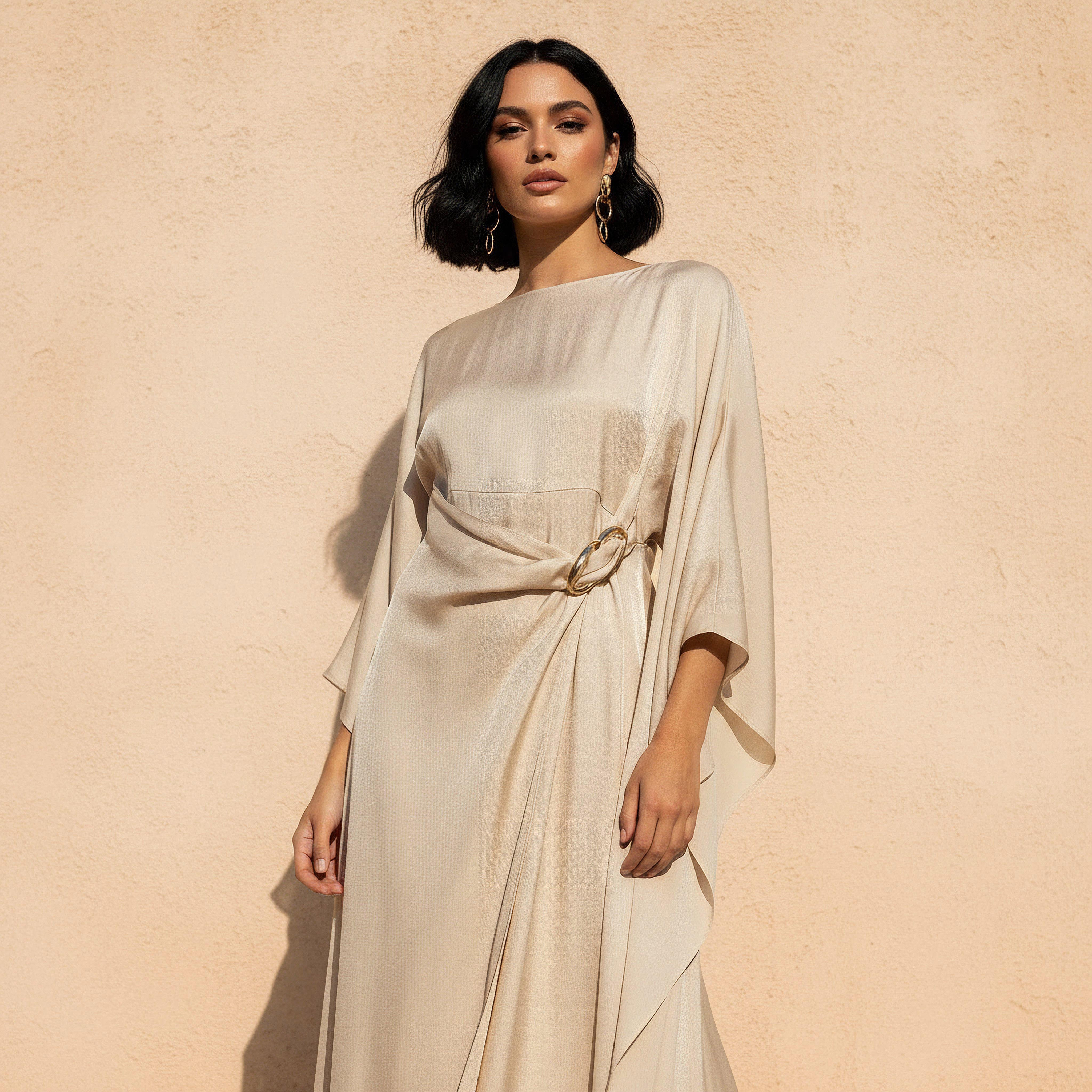 Iconic Cape Kaftan Women Dress with Knot Buckle Detail-women-clothing-dresses-image-3