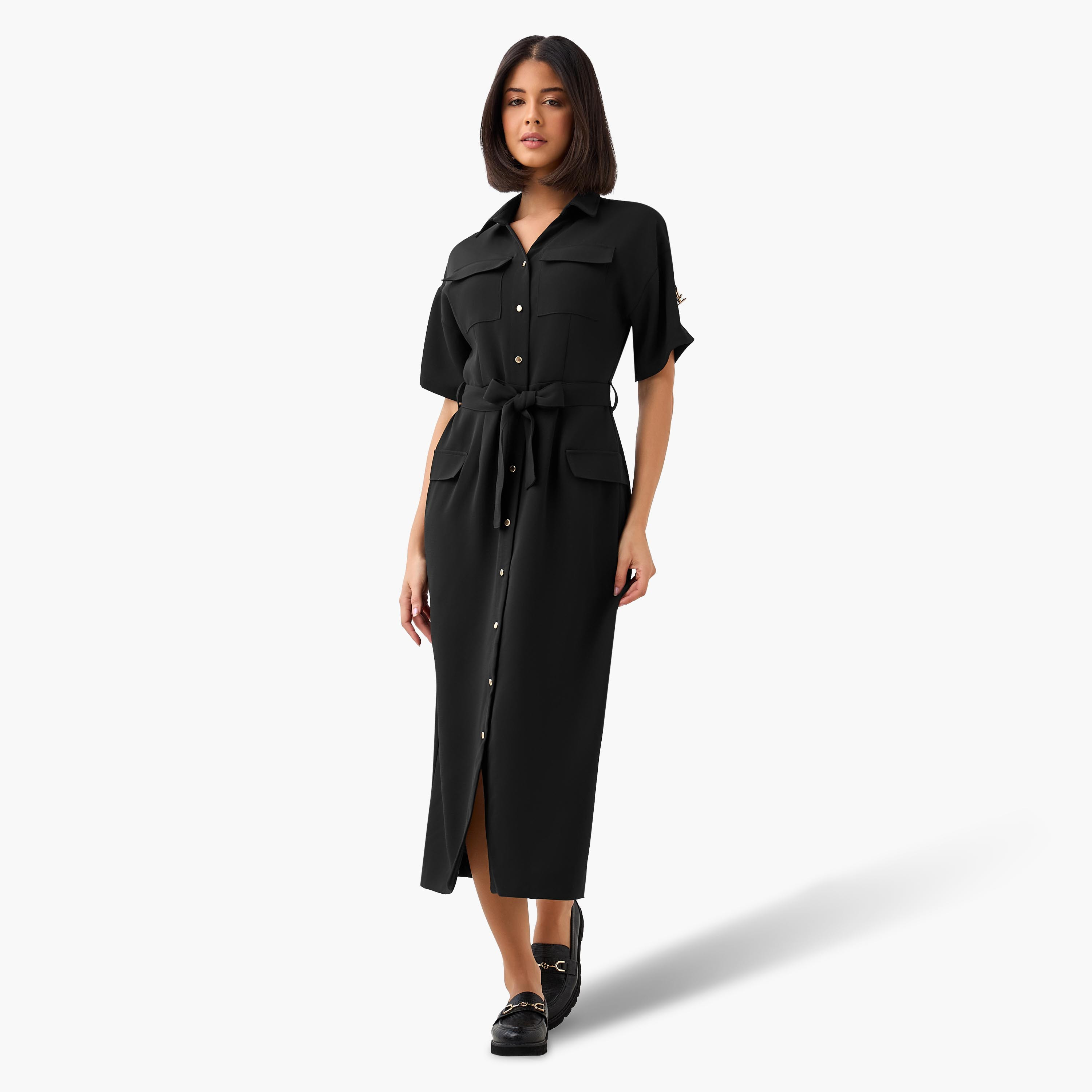 Iconic Midi Belted Linen Blend Shirt Dress with Pocket Detail-women-clothing-dresses-image-2