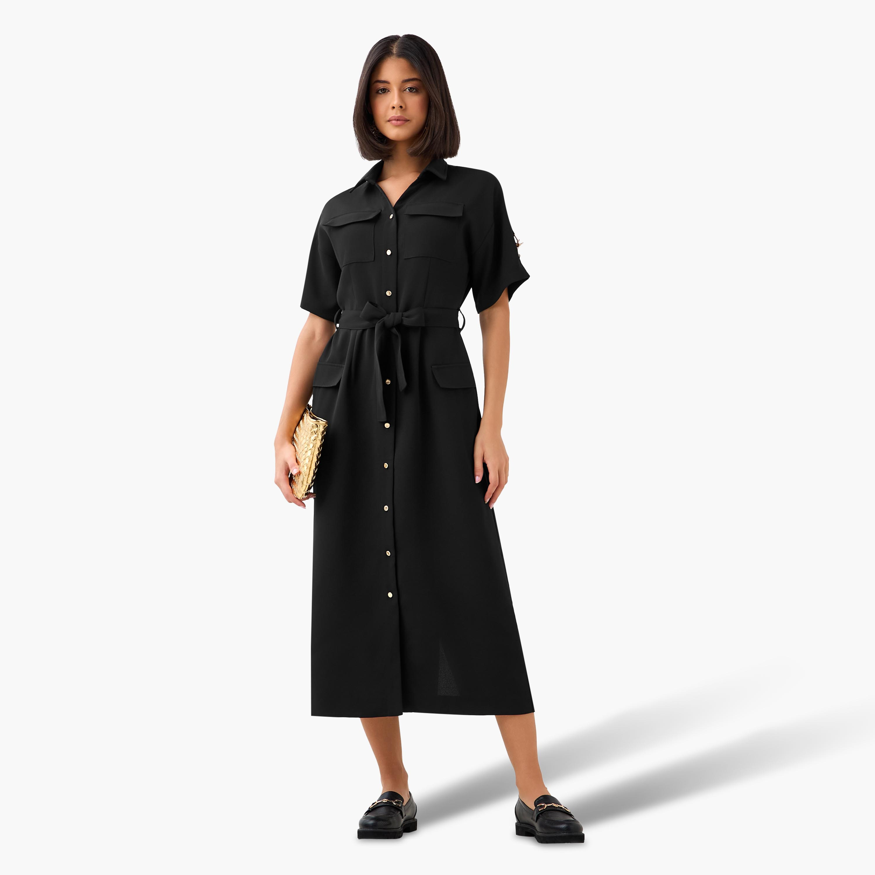 Iconic Midi Belted Linen Blend Shirt Dress with Pocket Detail-women-clothing-dresses-image-3