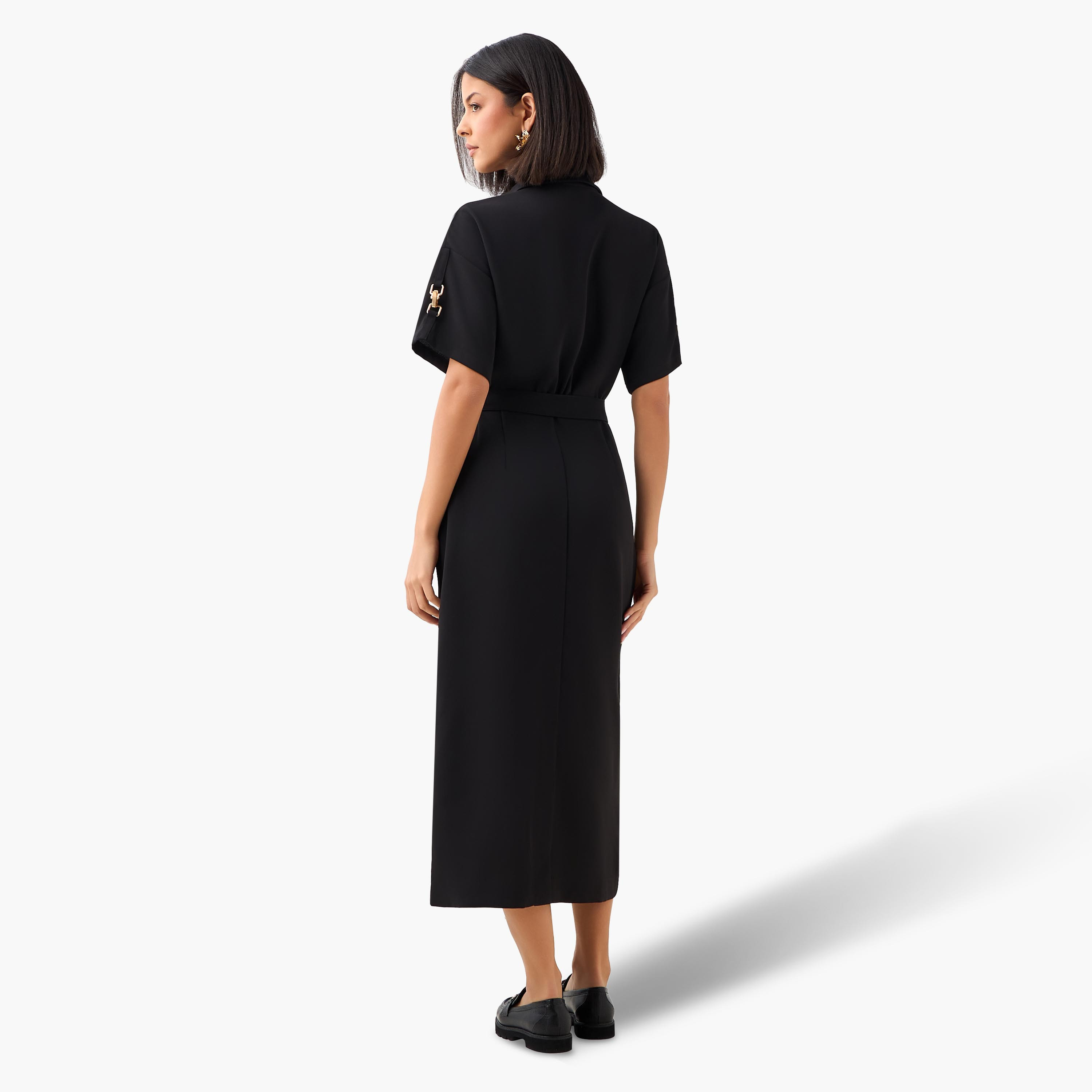 Iconic Midi Belted Linen Blend Shirt Dress with Pocket Detail-women-clothing-dresses-image-4
