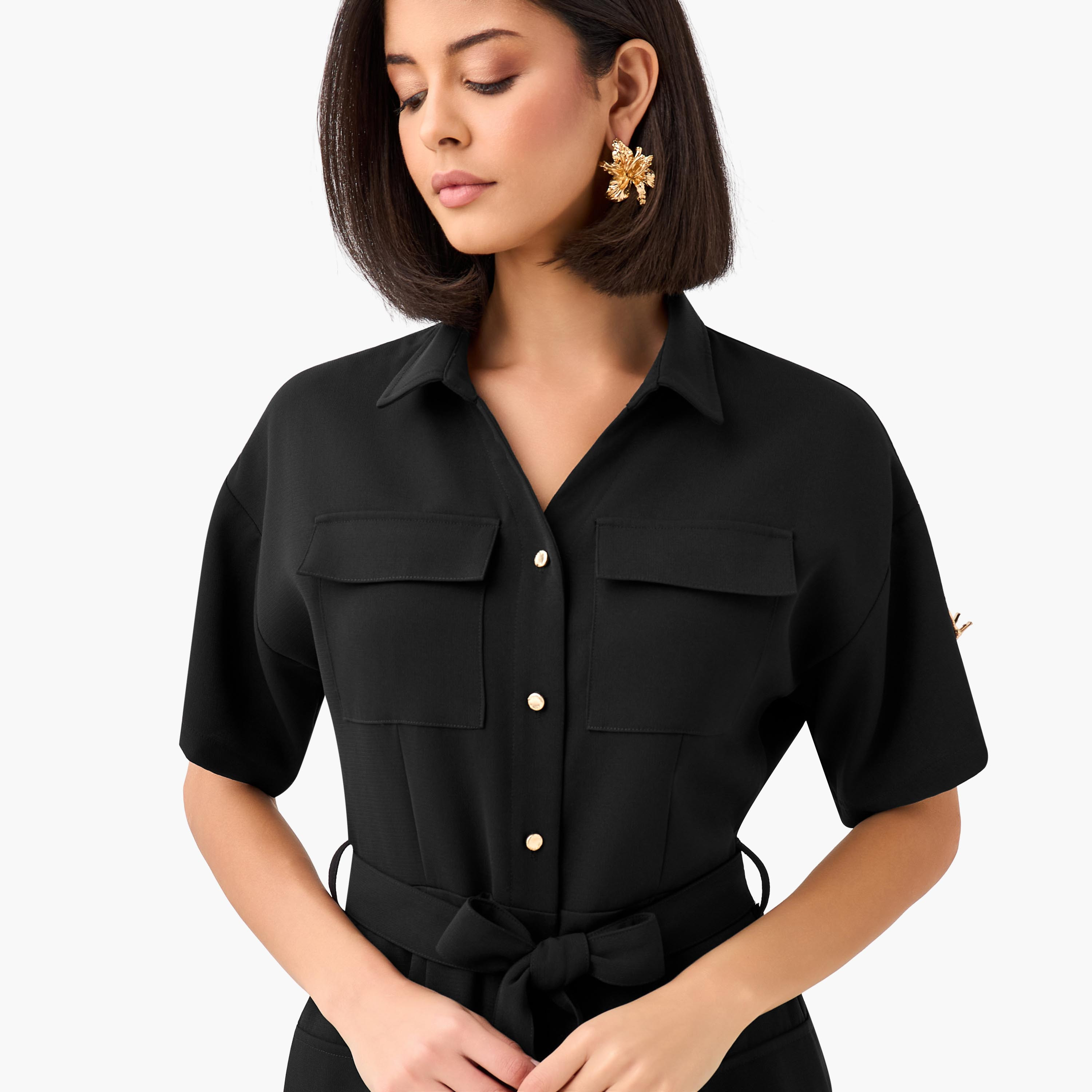 Iconic Midi Belted Linen Blend Shirt Dress with Pocket Detail-women-clothing-dresses-image-5