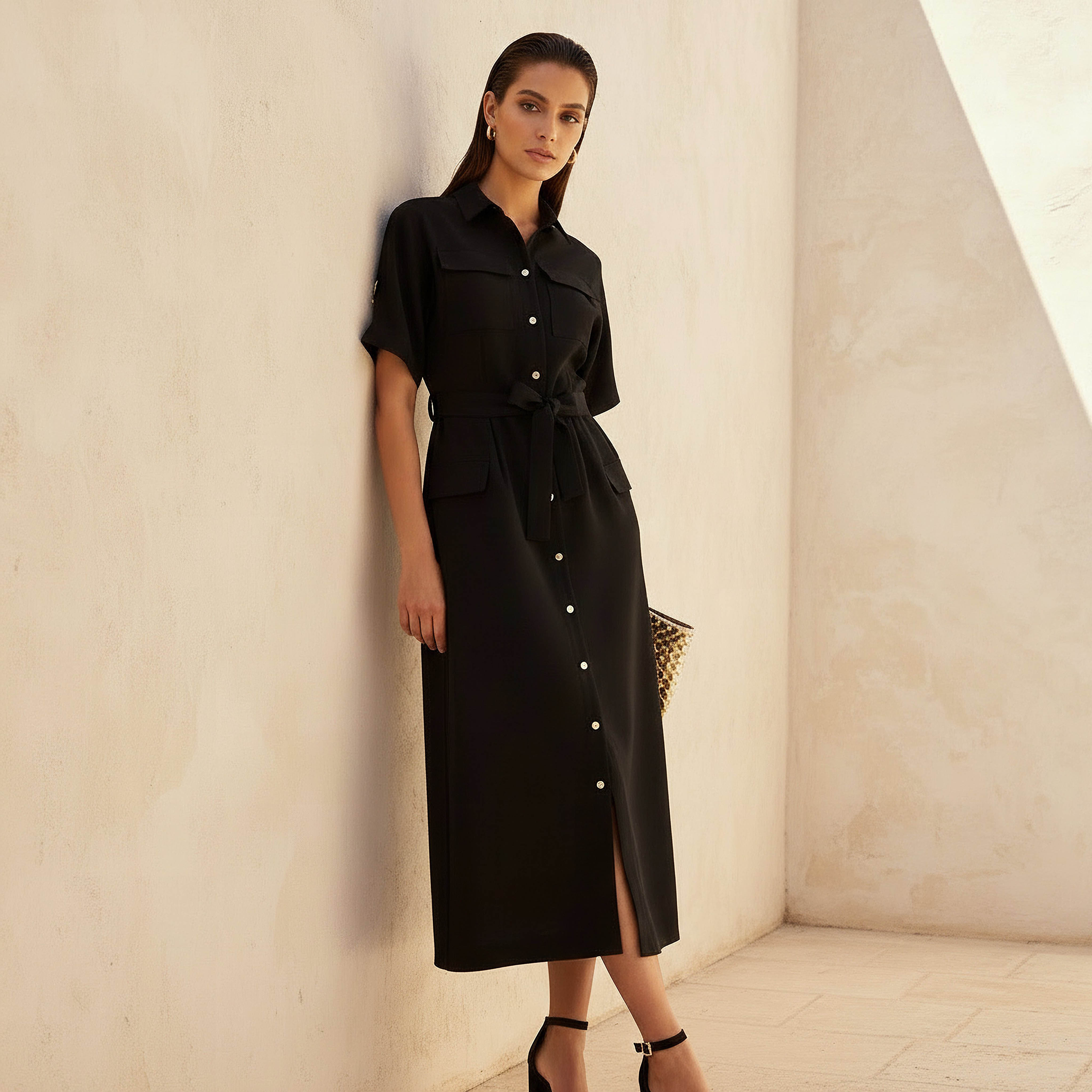 Iconic Midi Belted Linen Blend Shirt Dress with Pocket Detail-women-clothing-dresses-image-1