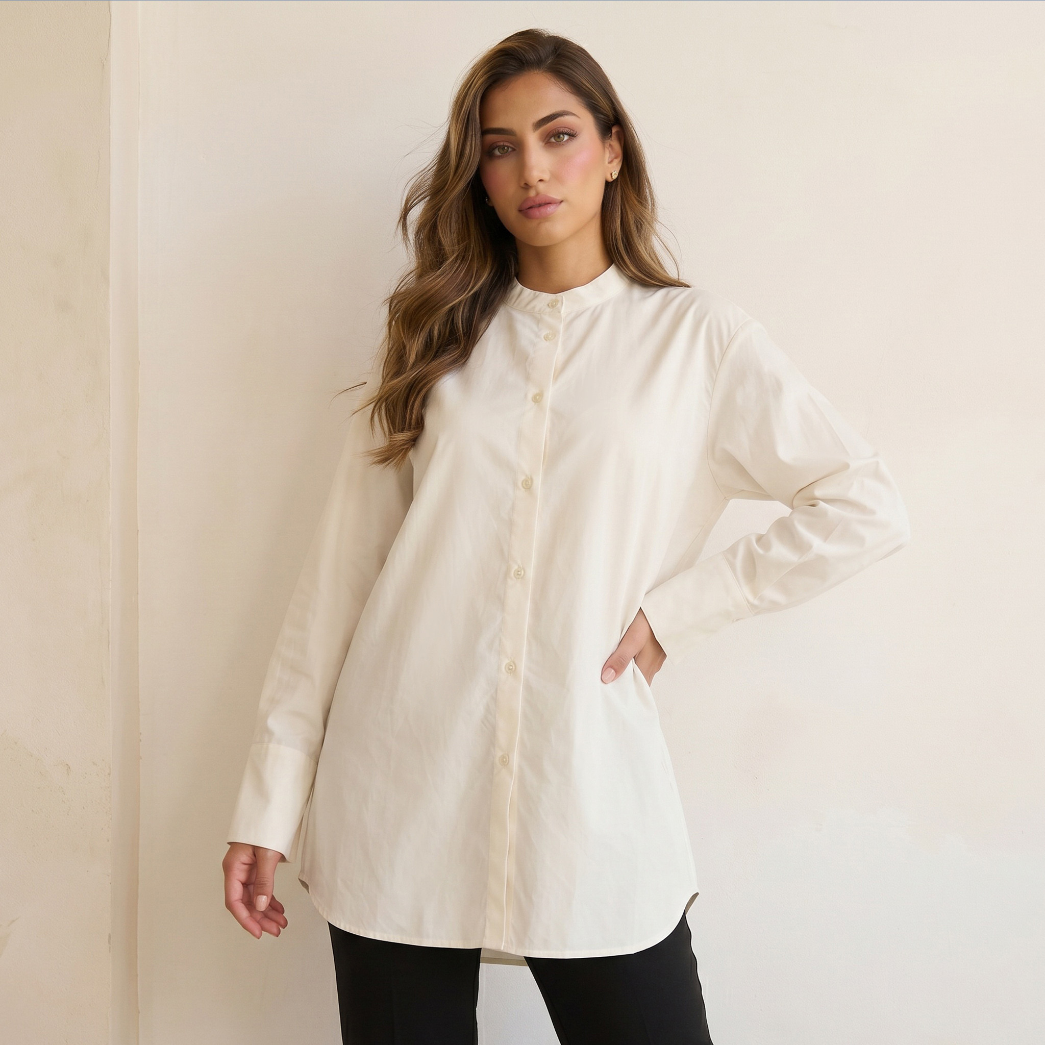Iconic Oversized Cotton Shirt with Mandarin Collar-women-clothing-shirtsandblouses-shirts-image-5