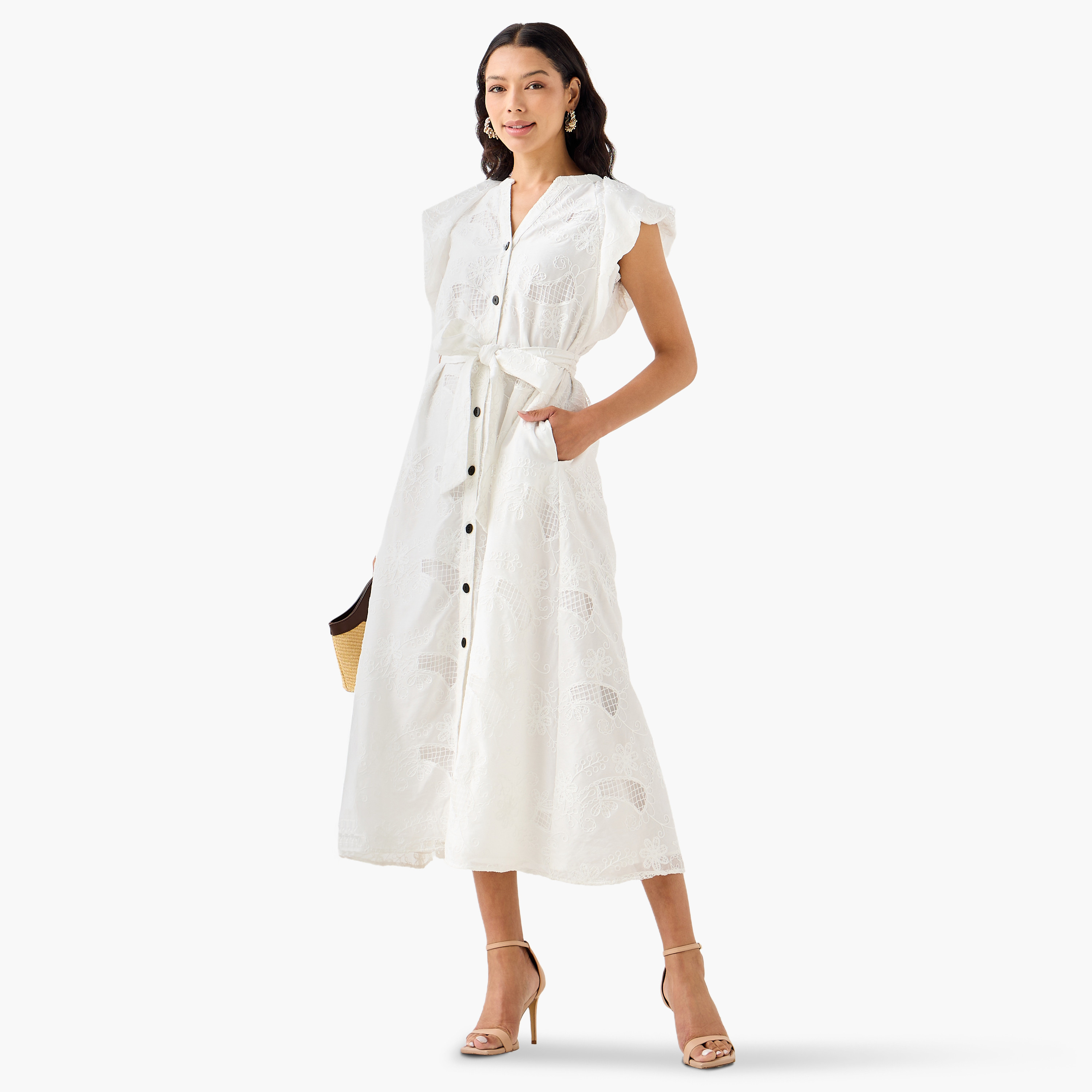Iconic Embroidered A-line Women Dress with Tie-Up Belt-women-clothing-dresses-image-3