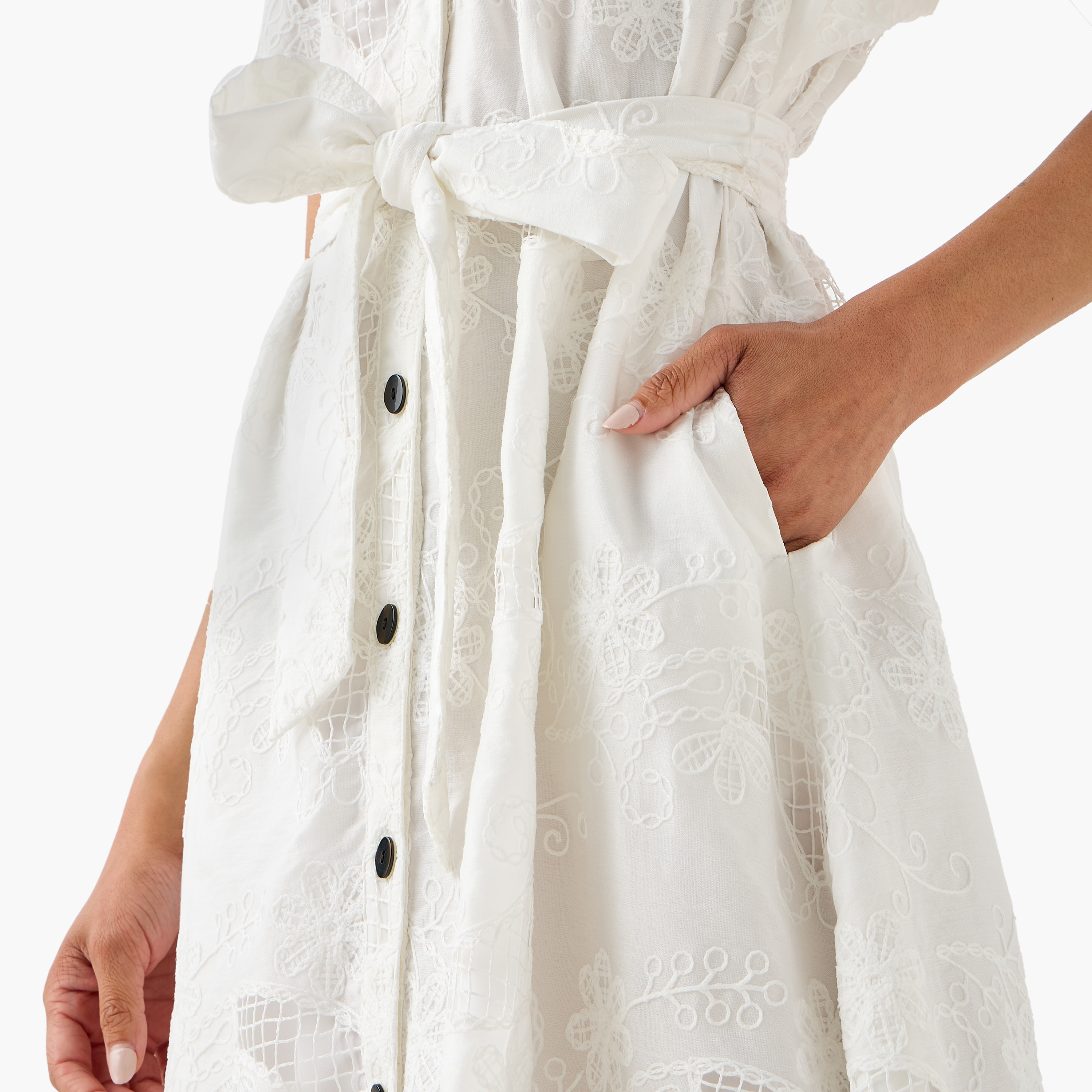 Iconic Embroidered A-line Women Dress with Tie-Up Belt-women-clothing-dresses-image-7