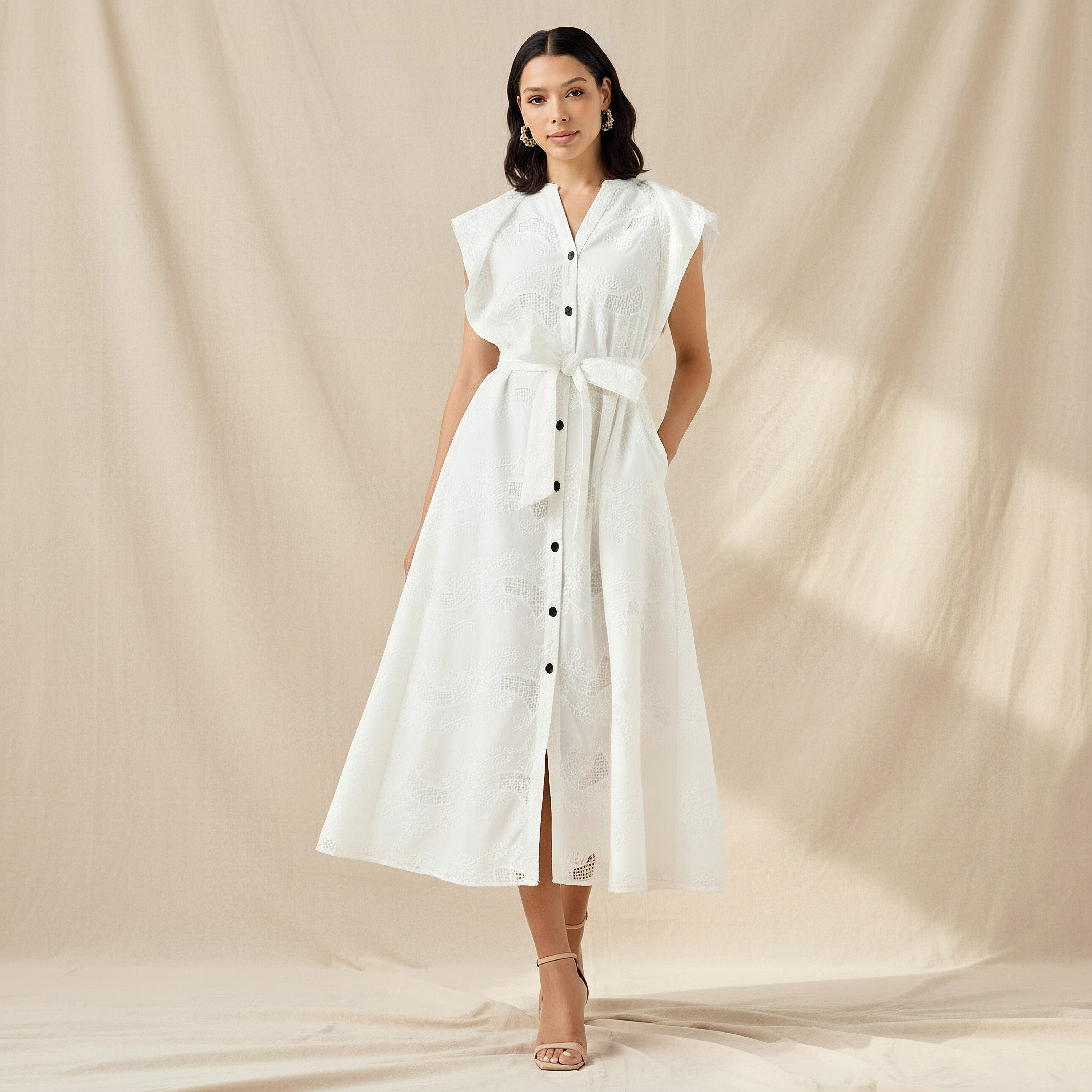Iconic Embroidered A-line Women Dress with Tie-Up Belt-women-clothing-dresses-image-1