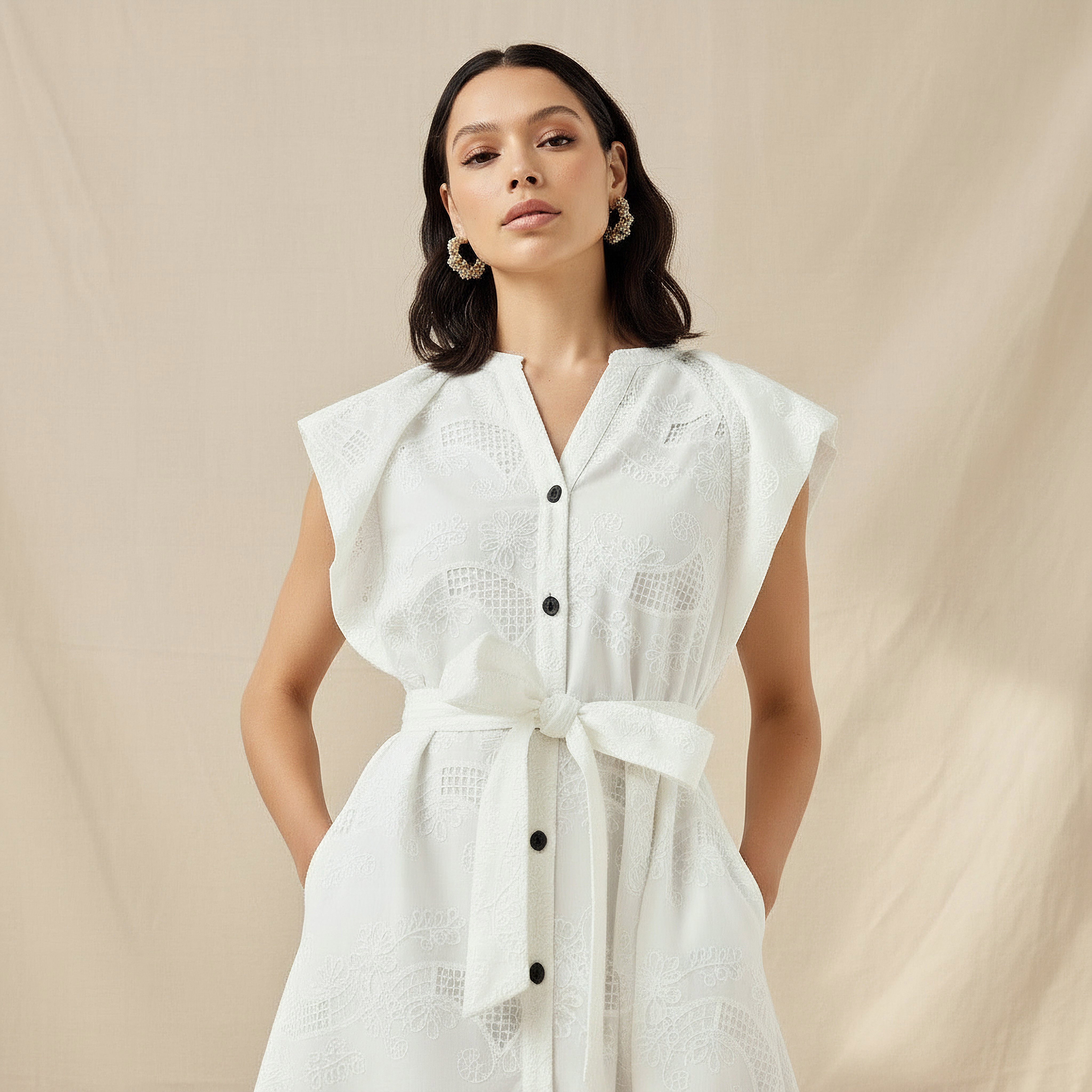 Iconic Embroidered A-line Women Dress with Tie-Up Belt-women-clothing-dresses-image-2