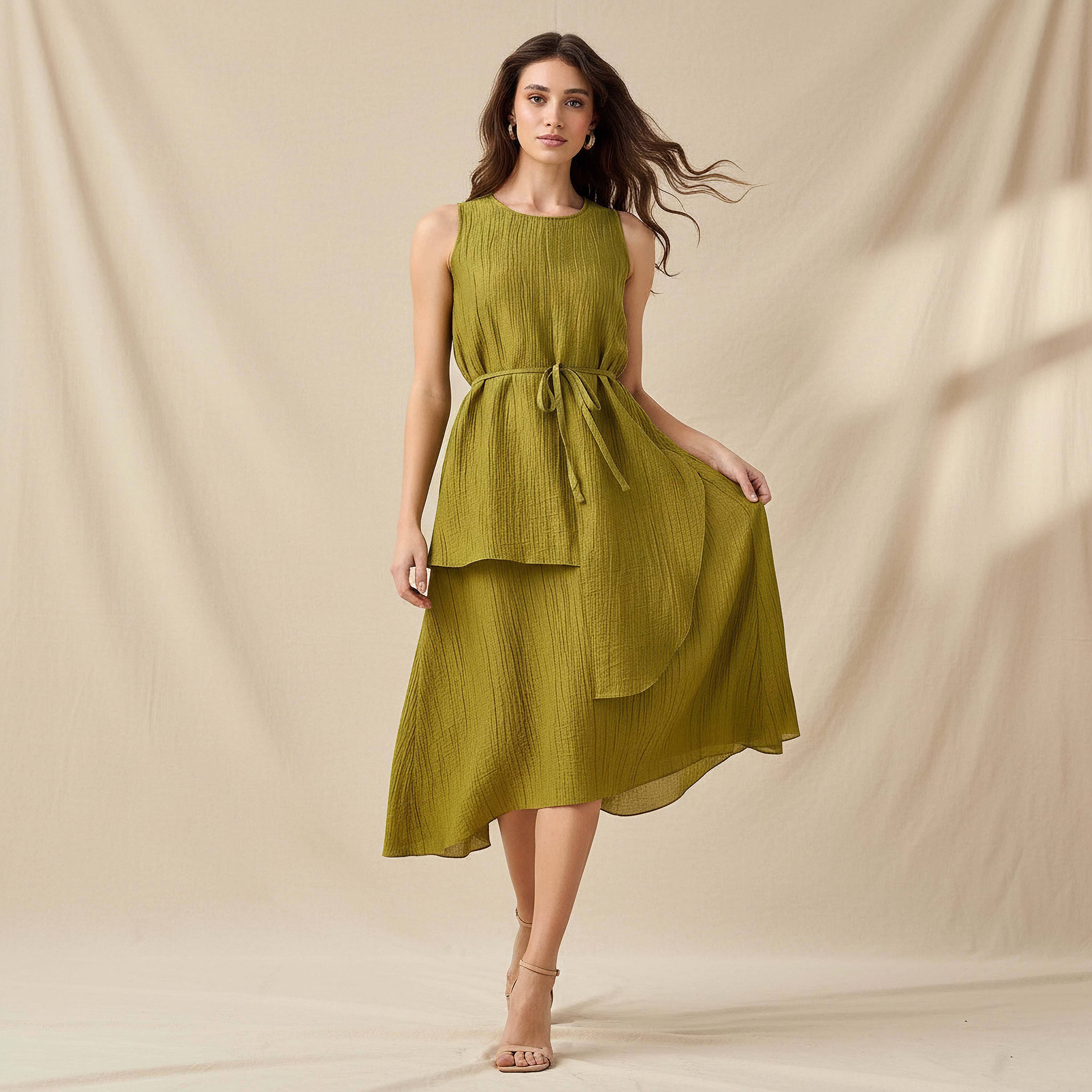 Iconic Relaxed Fit Asymmetrical Linen Blend Dress with Belt-women-clothing-dresses-image-1