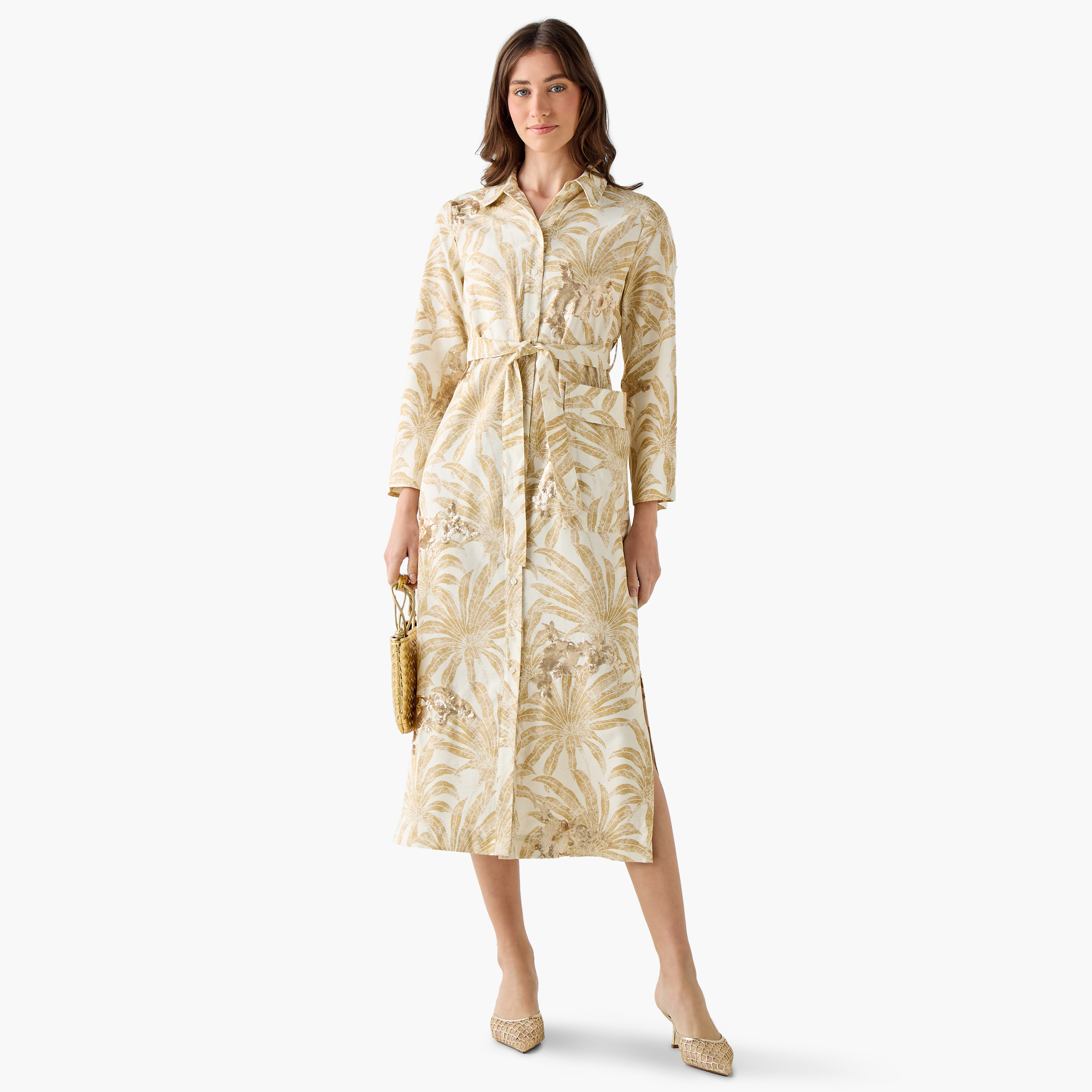 Iconic Printed Women Linen Blend Shirt Dress with Tie-Up Belt-women-clothing-dresses-image-4