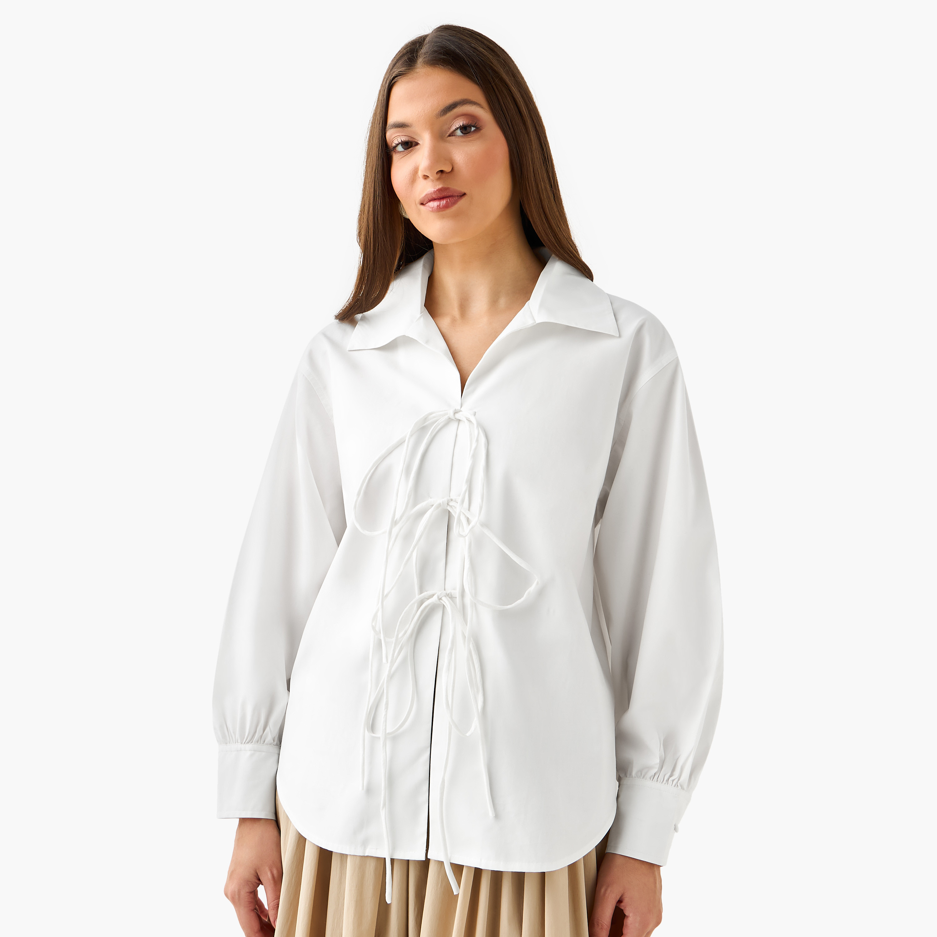 Iconic Relaxed Fit Cotton Shirt with Tie-Ups-women-clothing-shirtsandblouses-shirts-image-2