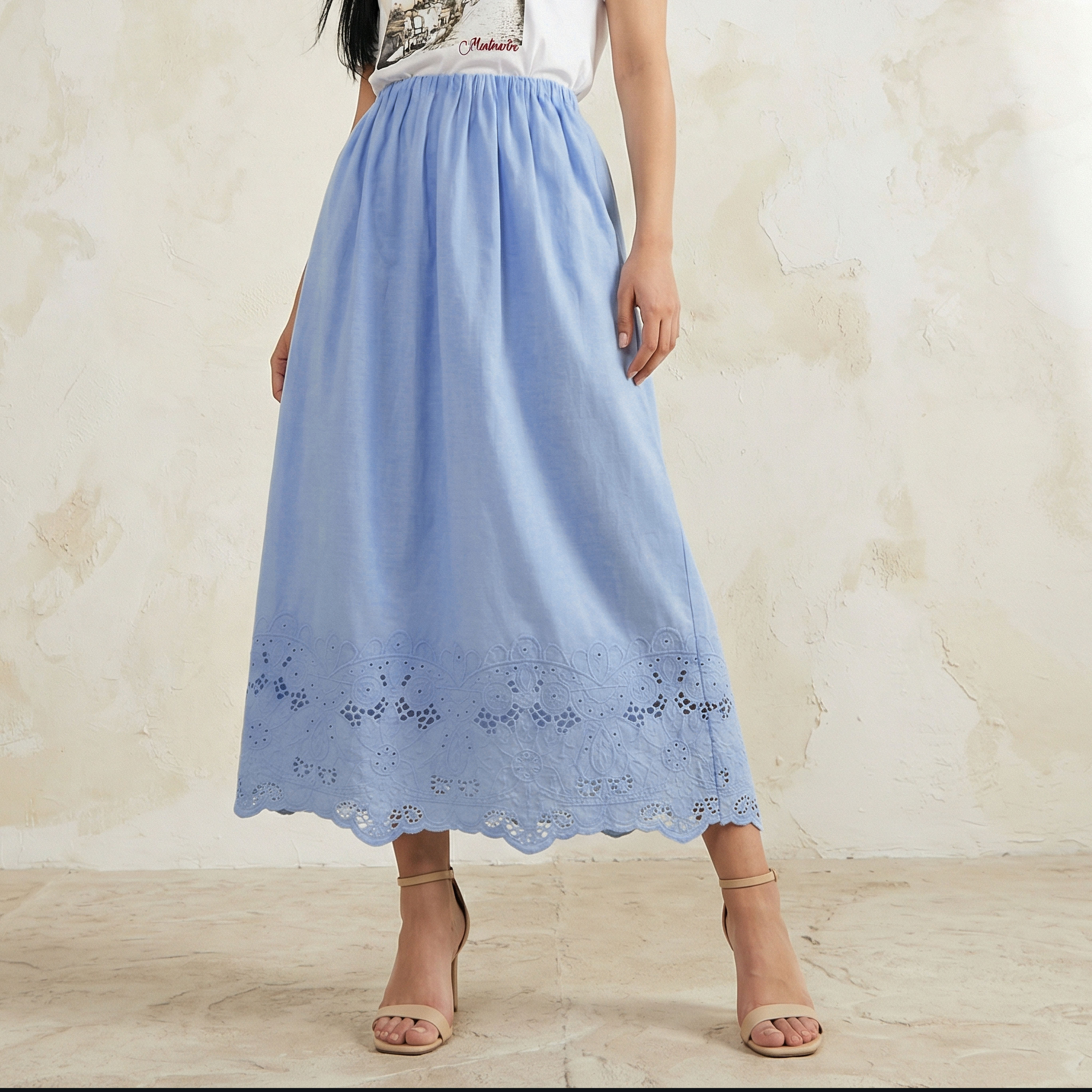 Iconic Midi Cotton Embroidered Hem Skirt with Pleat Detail-women-clothing-bottoms-skirts-image-1