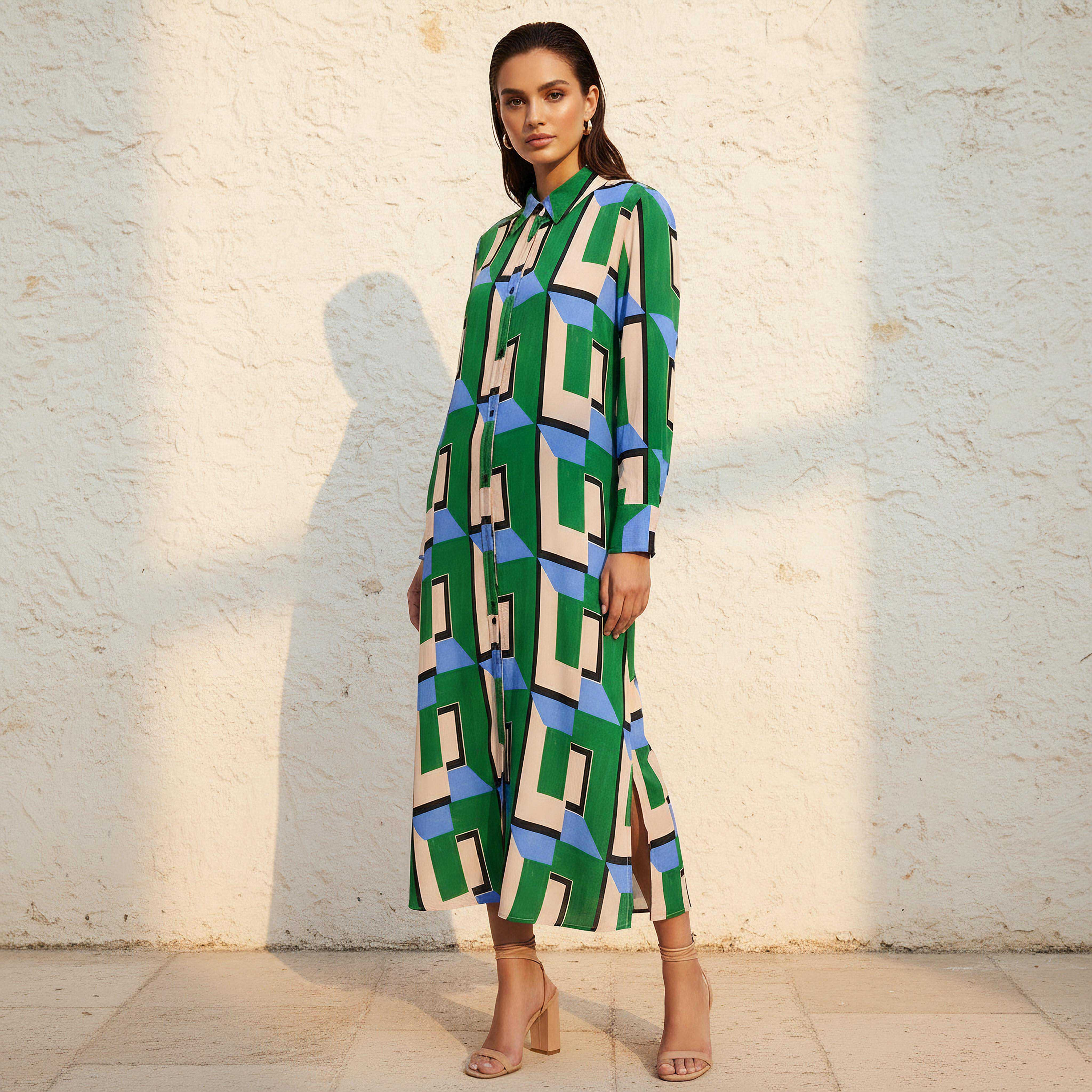 Iconic Midi Viscose Shirt Dress with Geometric Print-women-clothing-dresses-image-1