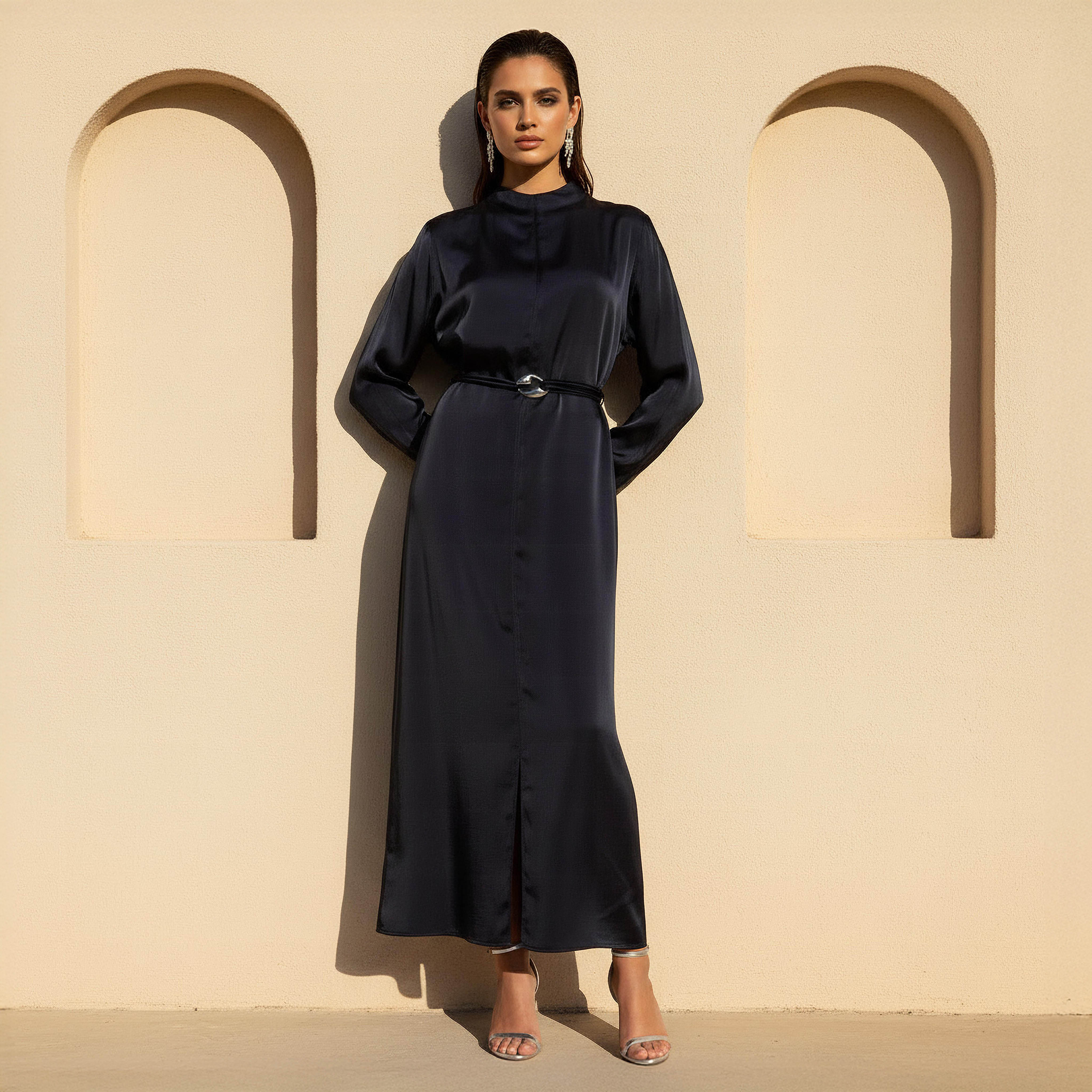 Iconic A-line Midi Satin Dress with Belt Detail-women-clothing-dresses-image-1