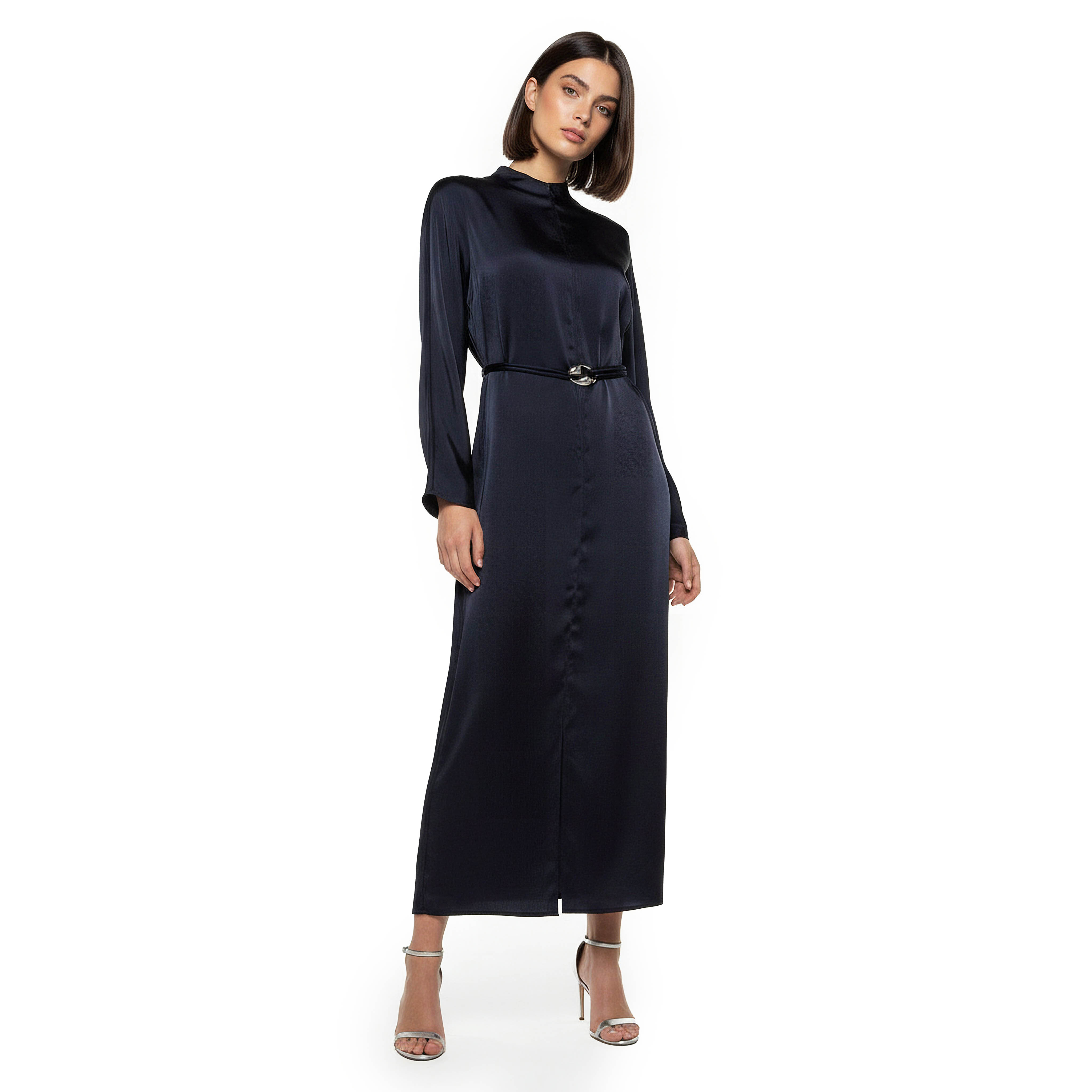Iconic A-line Midi Satin Dress with Belt Detail-women-clothing-dresses-image-3