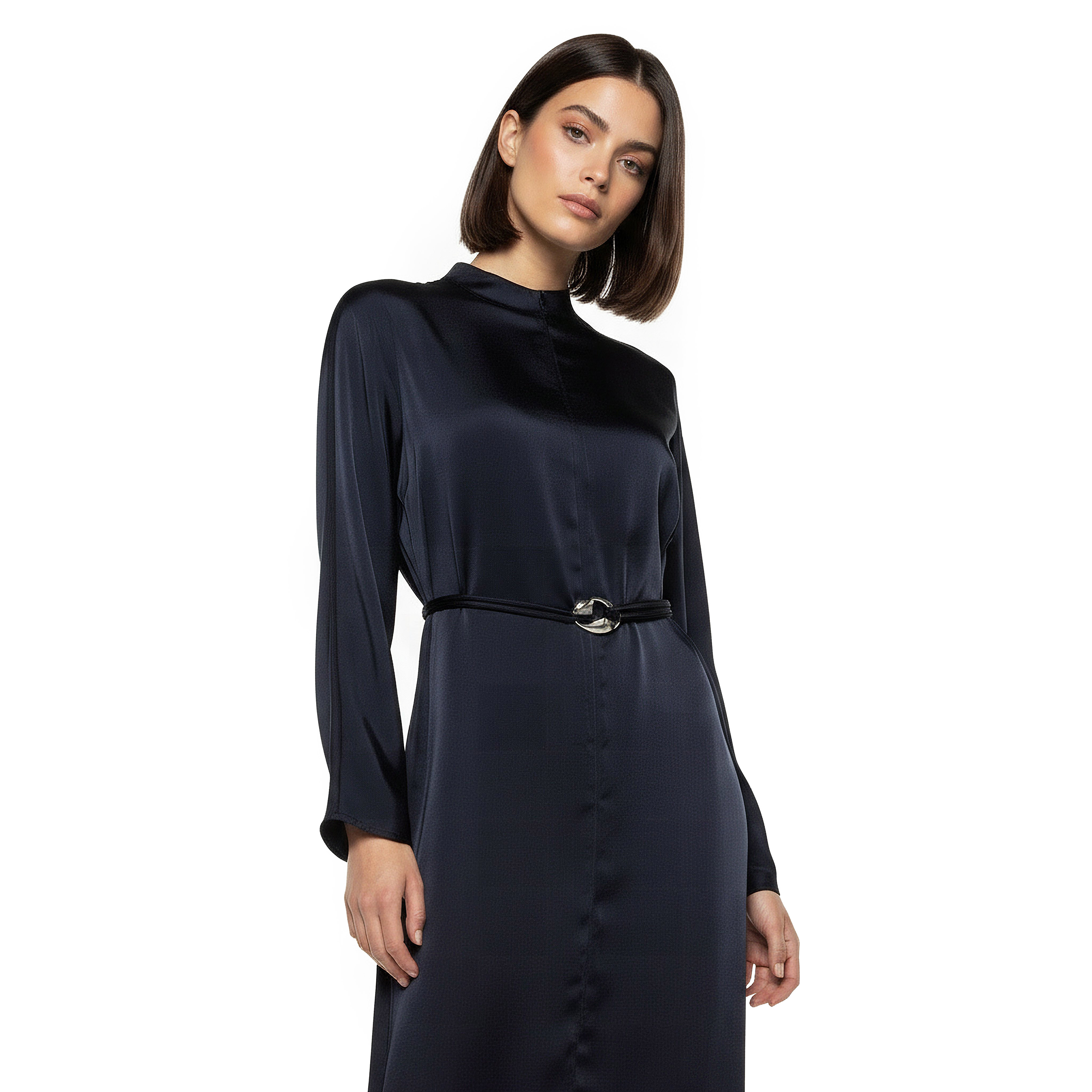 Iconic A-line Midi Satin Dress with Belt Detail-women-clothing-dresses-image-5