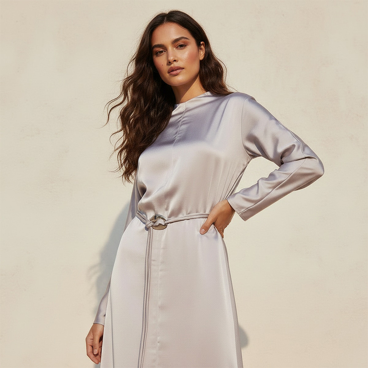 Iconic A-line Midi Satin Dress with Belt Detail-women-clothing-dresses-image-4