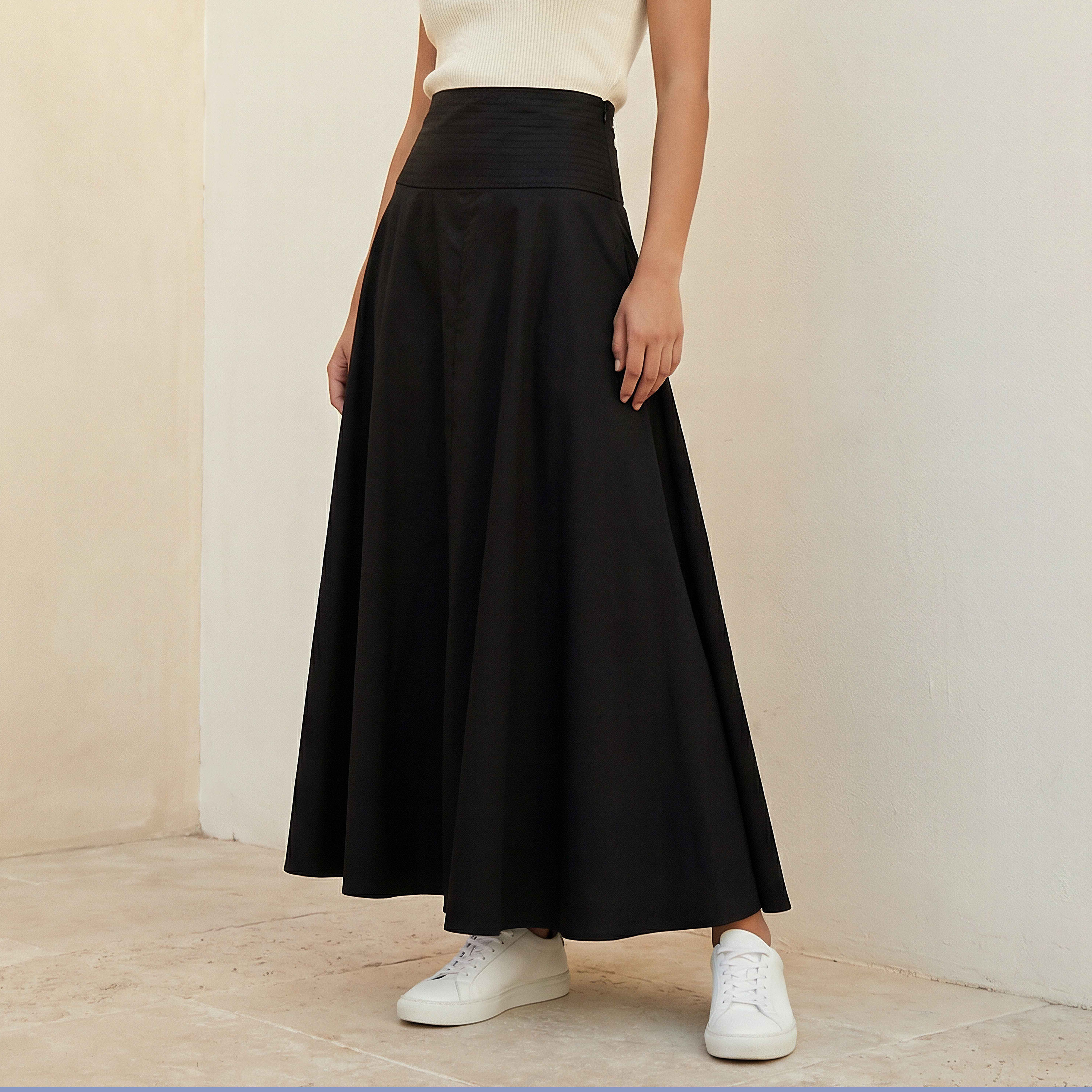 Iconic Maxi Length Cotton A-line Skirt with Panelled Waistband-women-clothing-bottoms-skirts-image-2