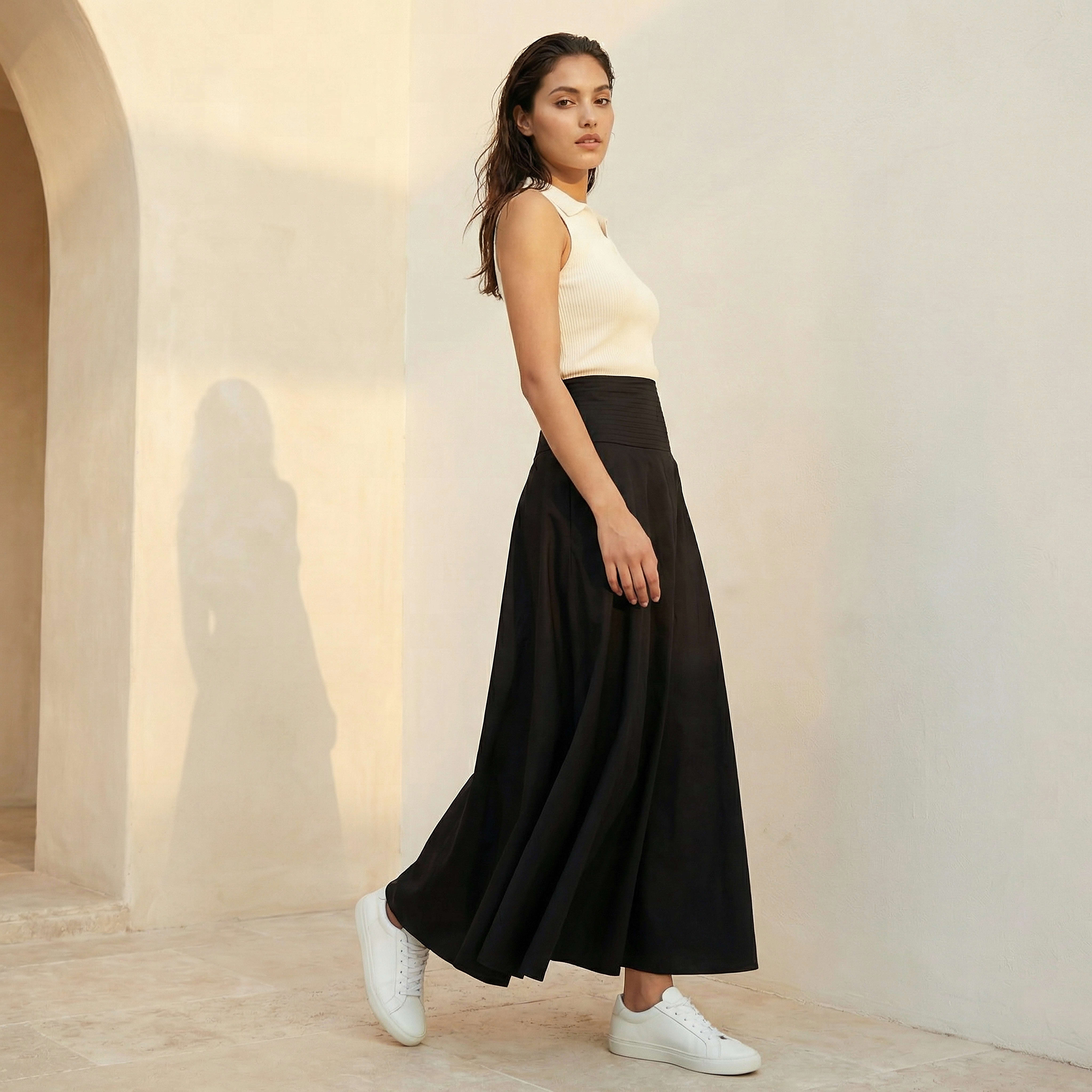 Iconic Maxi Length Cotton A-line Skirt with Panelled Waistband-women-clothing-bottoms-skirts-image-4