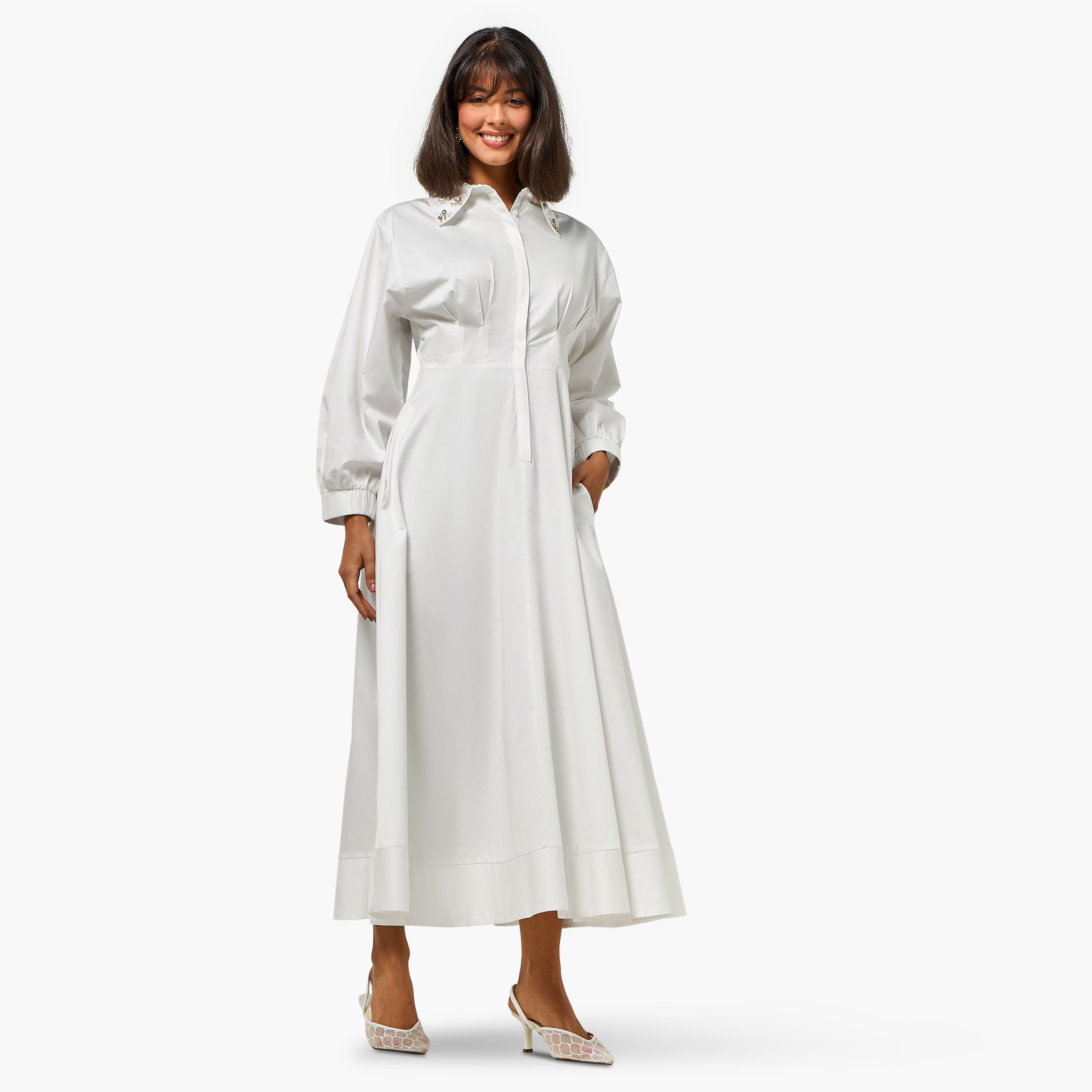 Iconic Pintuck Shirt Women Dress with Embellished Collar-women-clothing-dresses-image-2