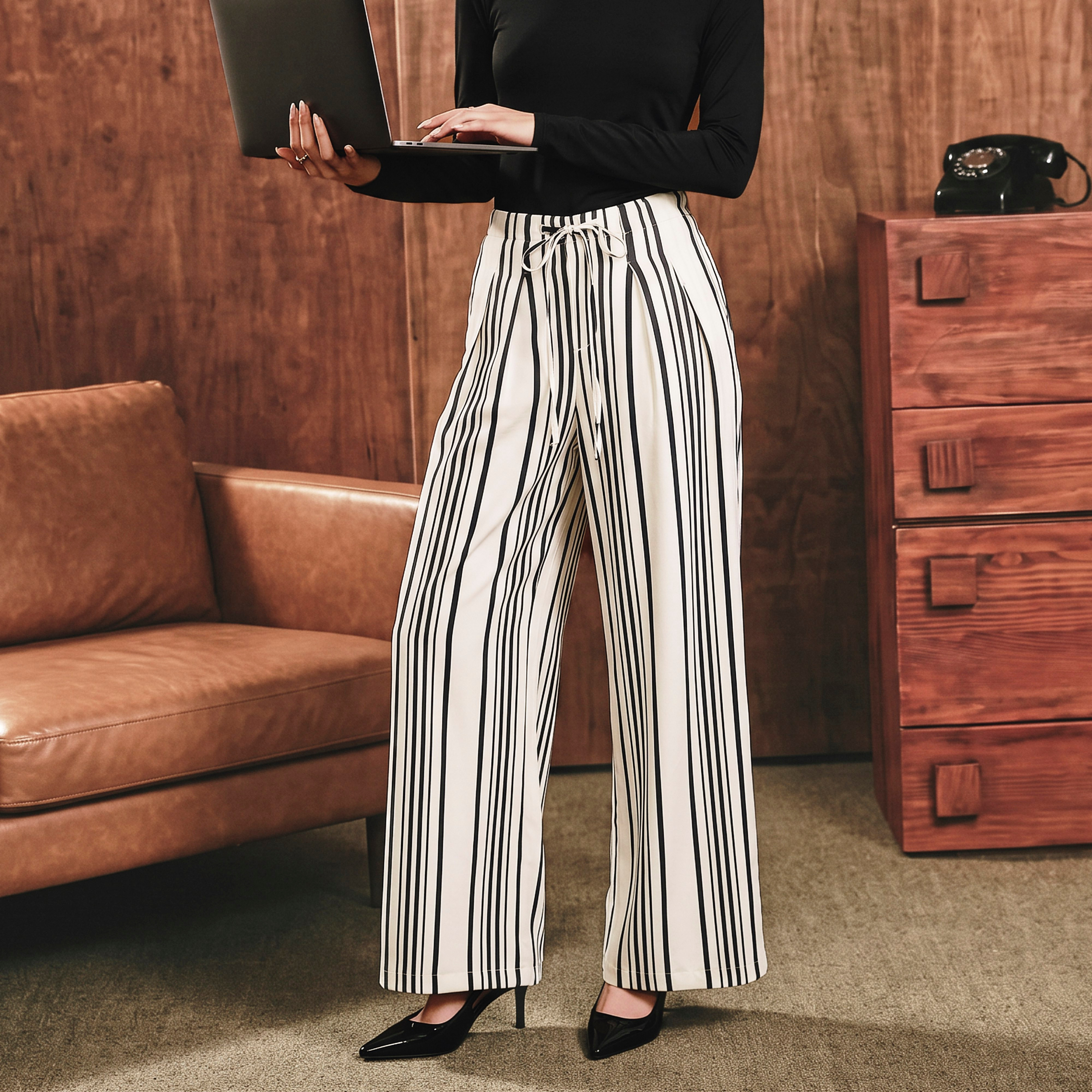 بنطلون مقلّم بأرجل واسعة من سبلاش آيكونيك-women-clothing-trousers-image-1