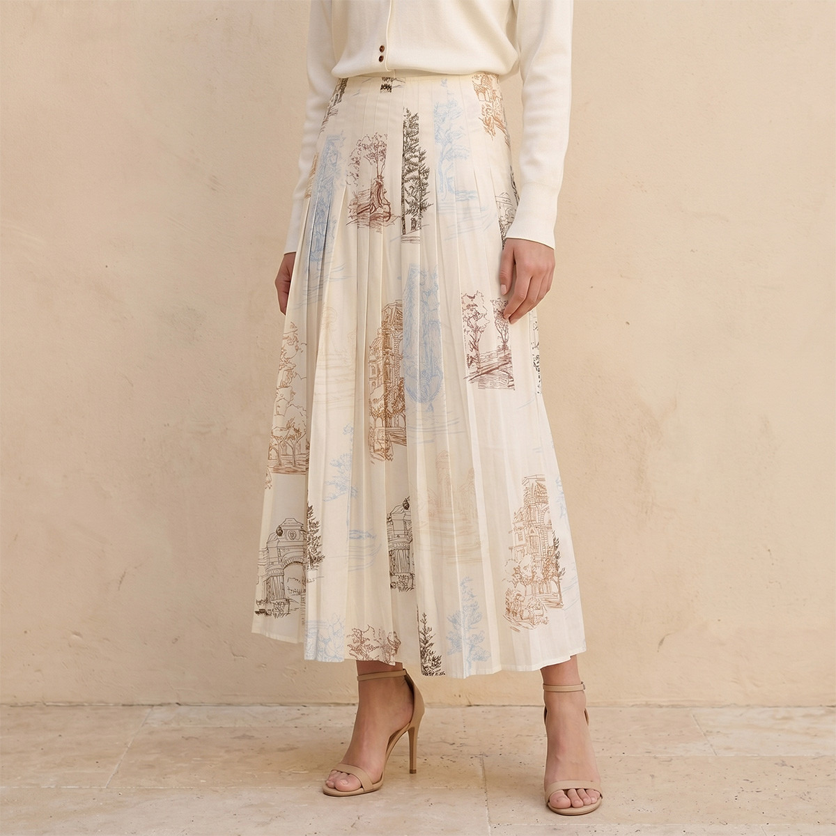 تنورة ميدي بكسرات وطبعات بانوراما مدينة من سبلَاش-women-clothing-skirts-image-1