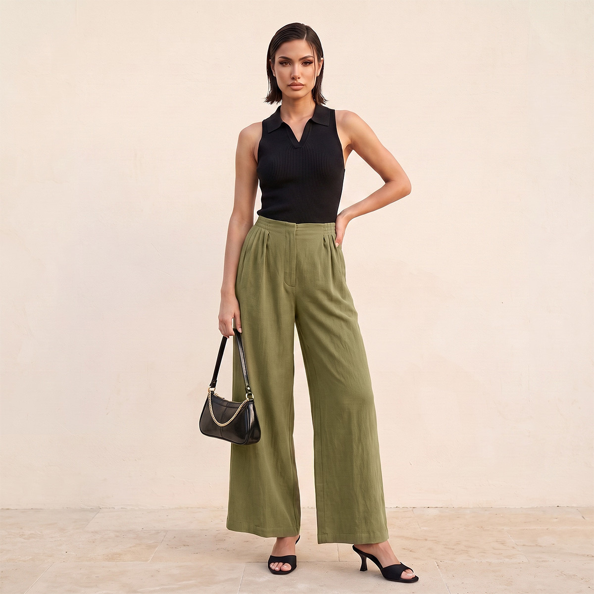 بنطلون بارز الملمس بقصّة مستقيمة وخصر مطاطي من سبلاش آيكونيك-women-clothing-trousers-image-4