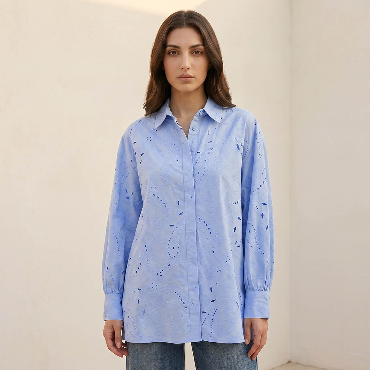 قميص قطن بتفاصيل مفرغة من آيكونيك-women-clothing-shirtsandblouses-shirts-image-1