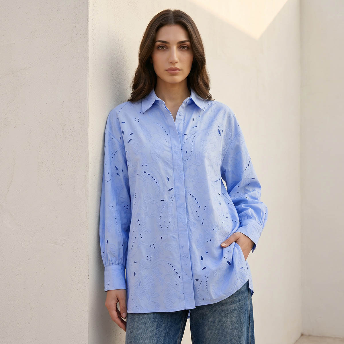 قميص قطن بتفاصيل مفرغة من آيكونيك-women-clothing-shirtsandblouses-shirts-image-6