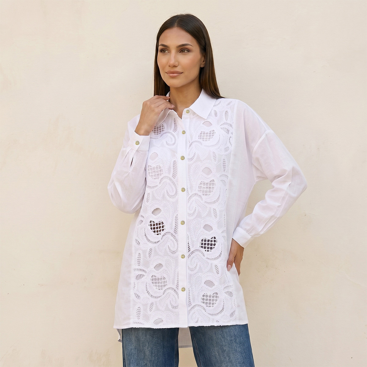 Splash Iconic Embroidered Cotton Shirt High-Low Hem-women-clothing-shirtsandblouses-shirts-image-1