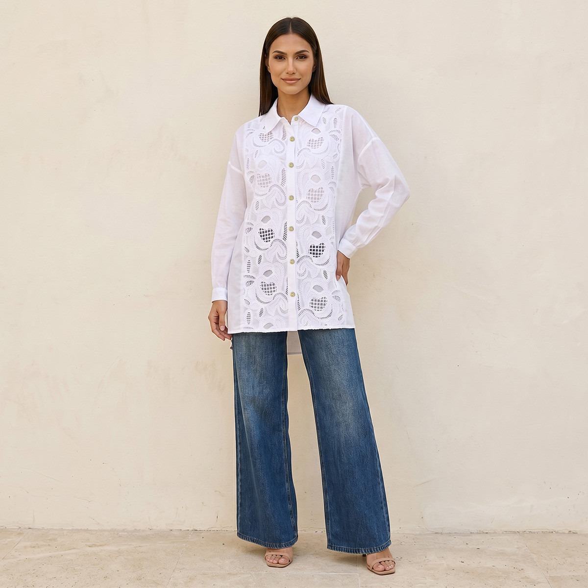 Splash Iconic Embroidered Cotton Shirt High-Low Hem-women-clothing-shirtsandblouses-shirts-image-3