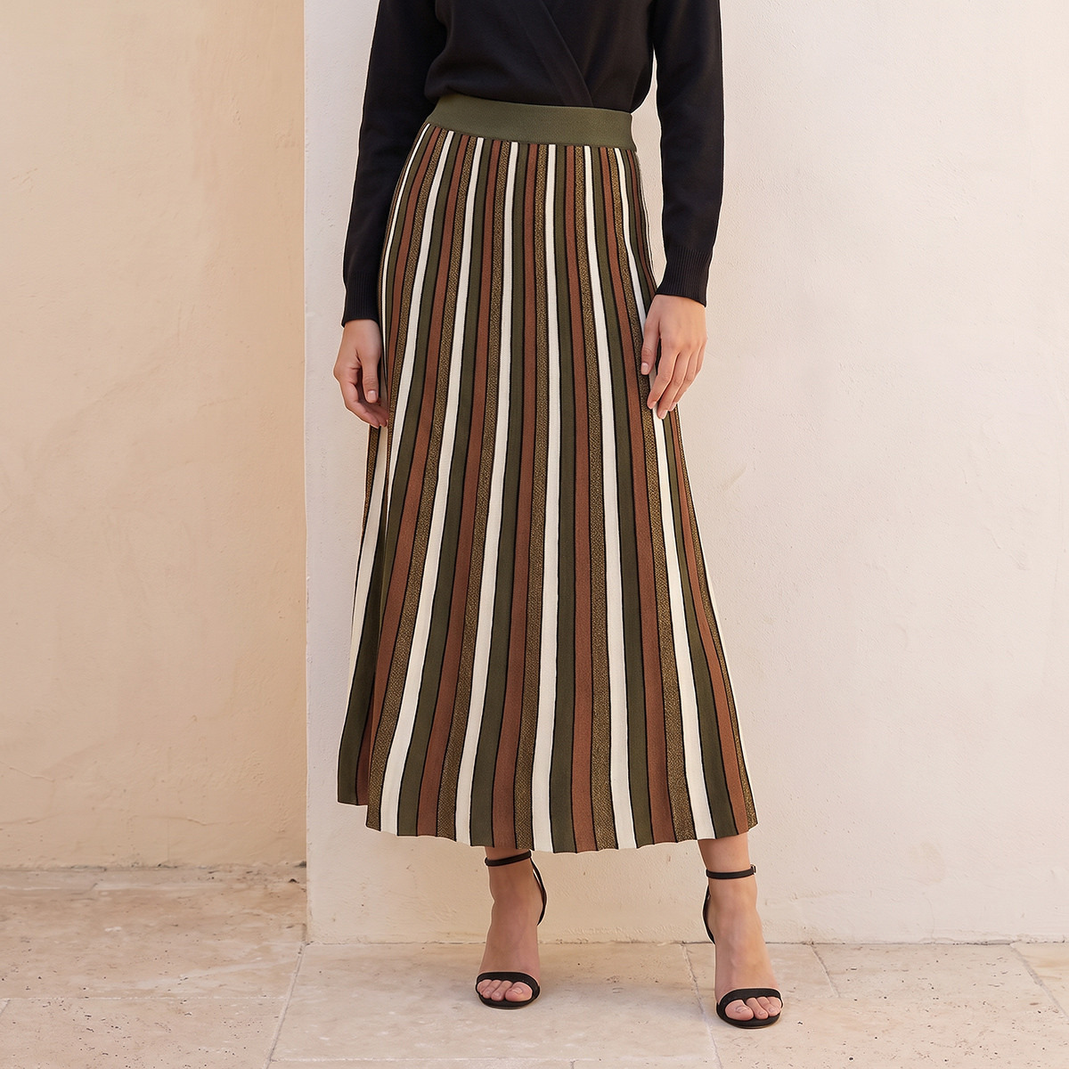 Splash Iconic Maxi Length Striped Skirt with Pleats-women-clothing-skirts-image-2