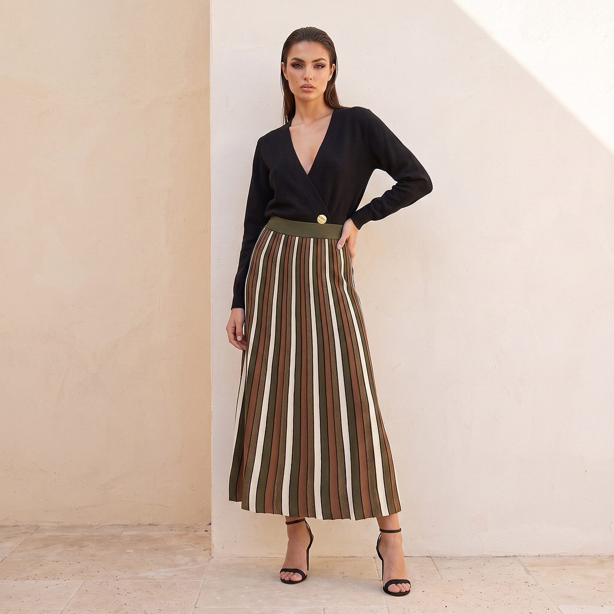 Splash Iconic Maxi Length Striped Skirt with Pleats-women-clothing-skirts-image-4